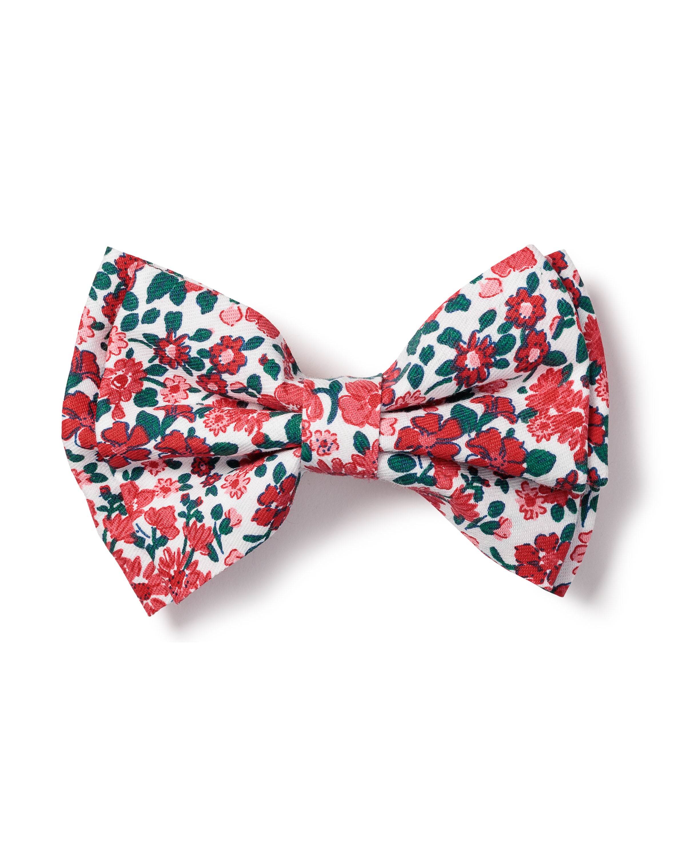 A charming accessory, the Girls Twill Hair Bows in Fleurs des Bois by Petite Plume features a pattern of red and green flowers on a white background.