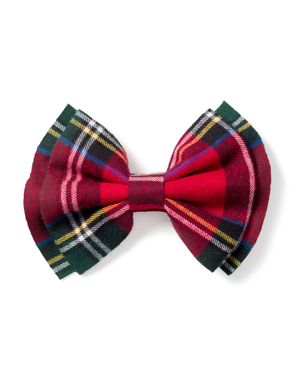 A beautifully arranged Petite Plume Girls Hair Bow in Imperial Tartan lies on a white background, featuring red plaid with green, yellow, and blue stripes. Its soft texture and timeless design make this an ideal holiday gift or charming stocking stuffer for any occasion.