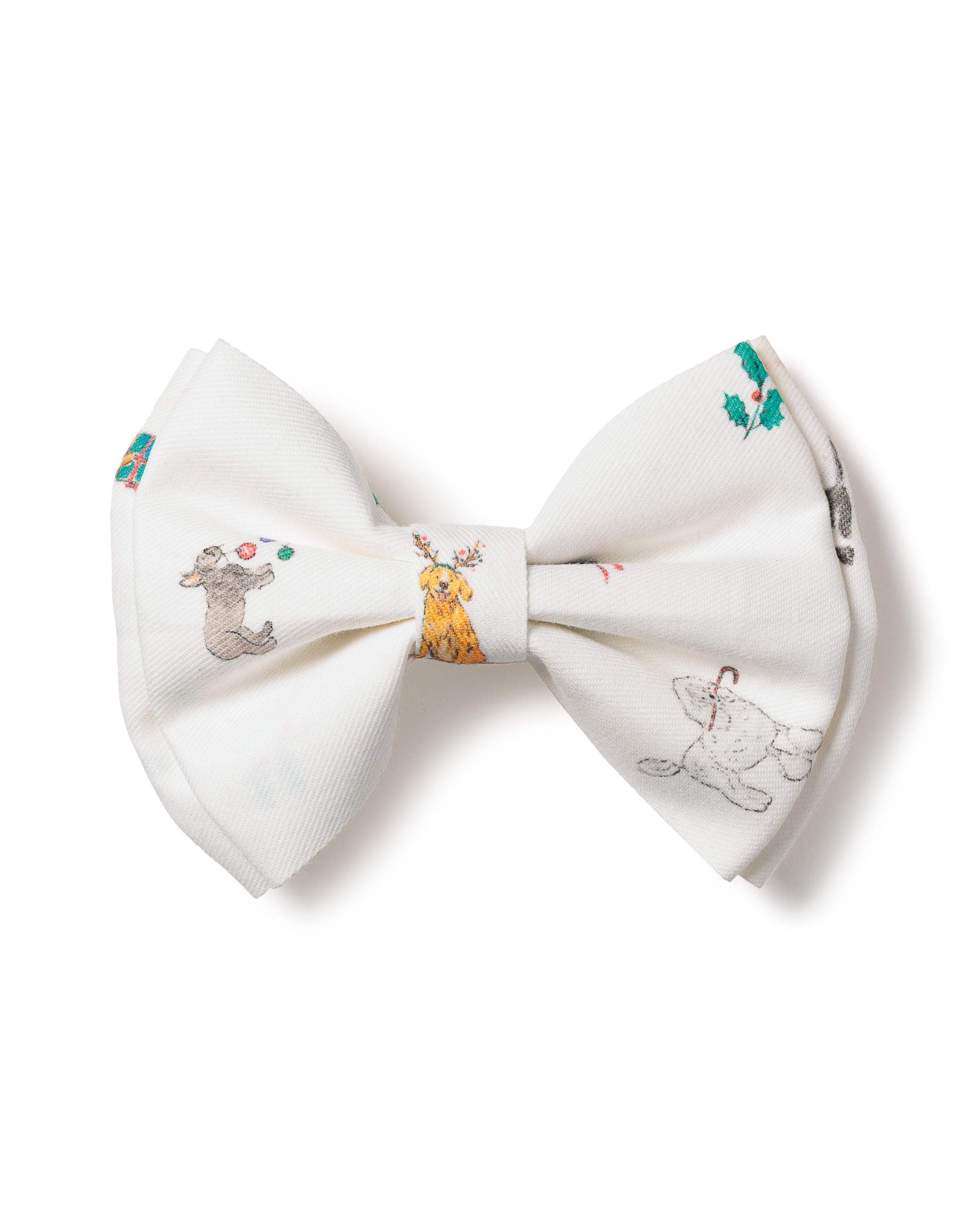 The Girls Twill Hair Bows in Jingle Paws by Petite Plume feature playful animal illustrations, including a deer, bear, and rabbit adorned with flowers and leaves, adding a whimsical touch reminiscent of the Nutcrackers enchanting scenes.