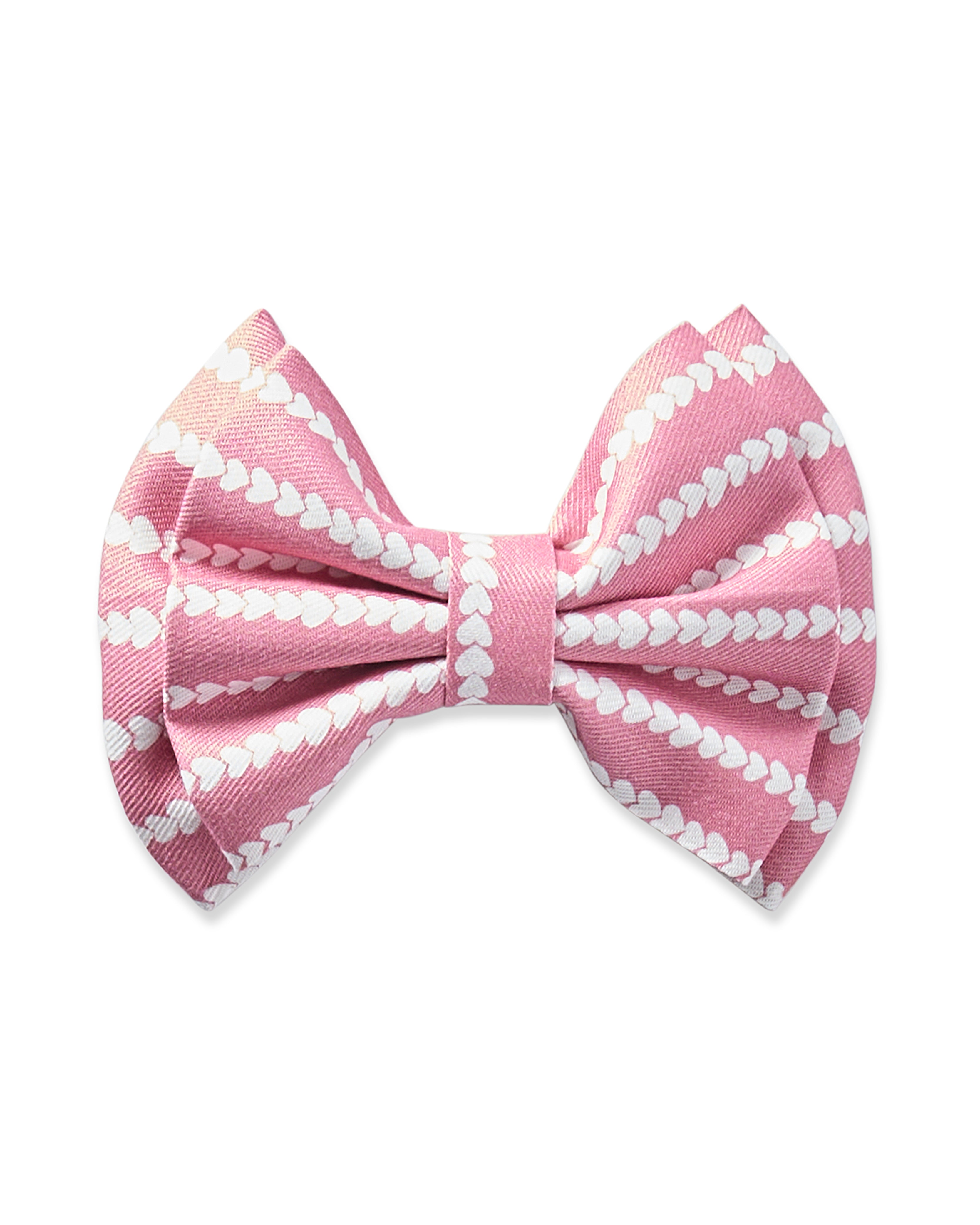 The Love Lines Girls Twill Hair Bow by Petite Plume is pink with white heart-patterned stripes. Neatly pleated and symmetrical, this stylish hair accessory stands out against a plain white background.