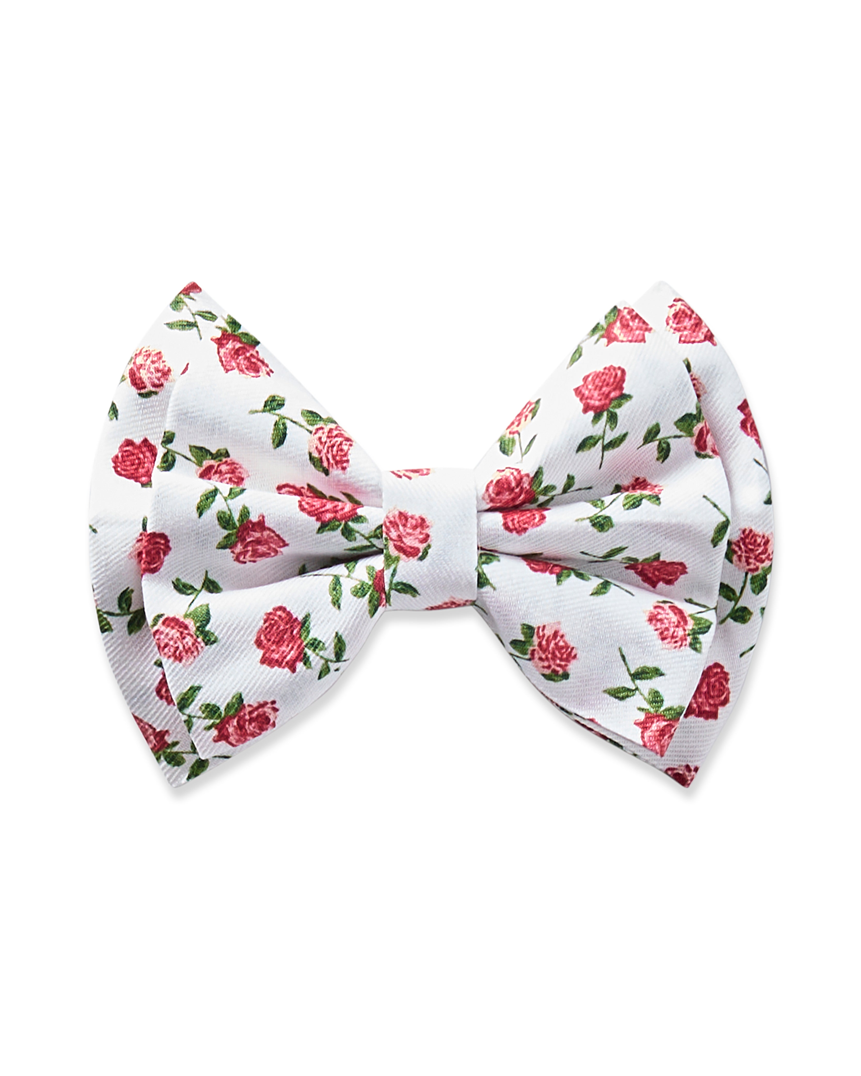 The Girls Twill Hair Bows in Petite Petals by Petite Plume are charming white accessories featuring a floral pattern of small pink roses and green leaves, perfect for adding elegance to pajamas or sophistication to girls hair.