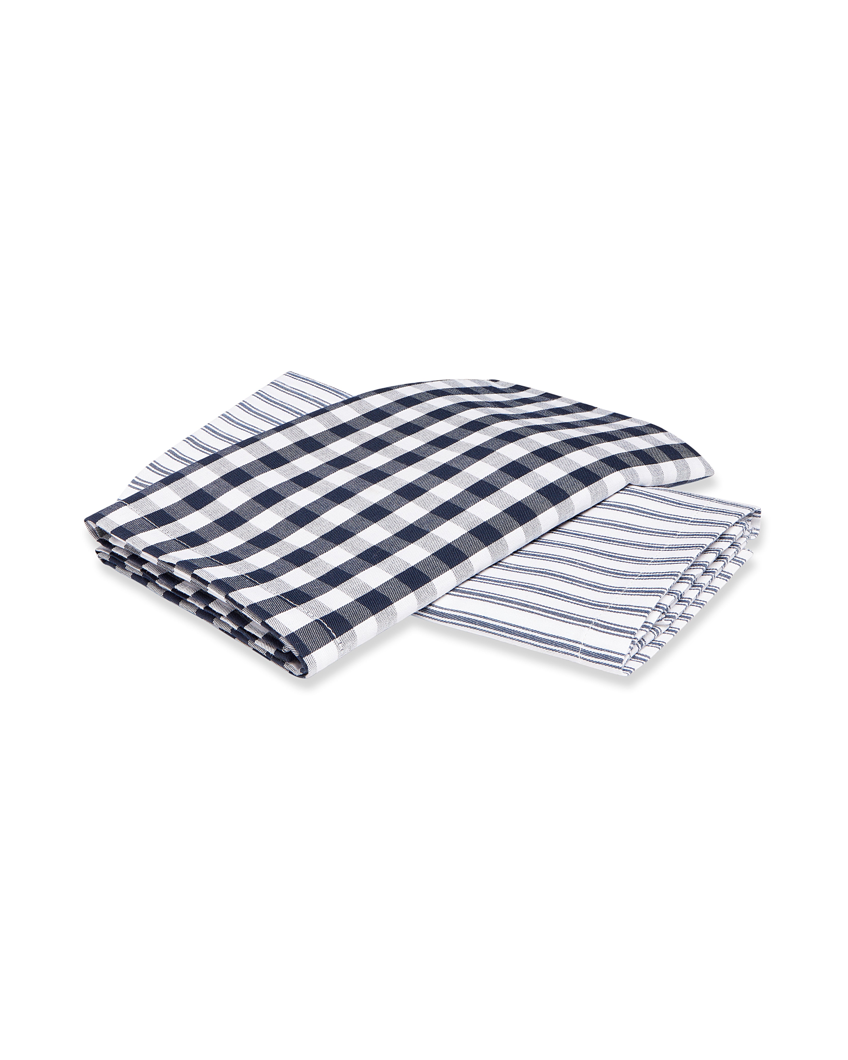 Two folded kitchen towels by Petite Plume are side by side: one features a navy gingham pattern, and the other showcases a white background with thin blue stripes, resembling the Navy French Ticking & Navy Gingham Tea Towel Set.