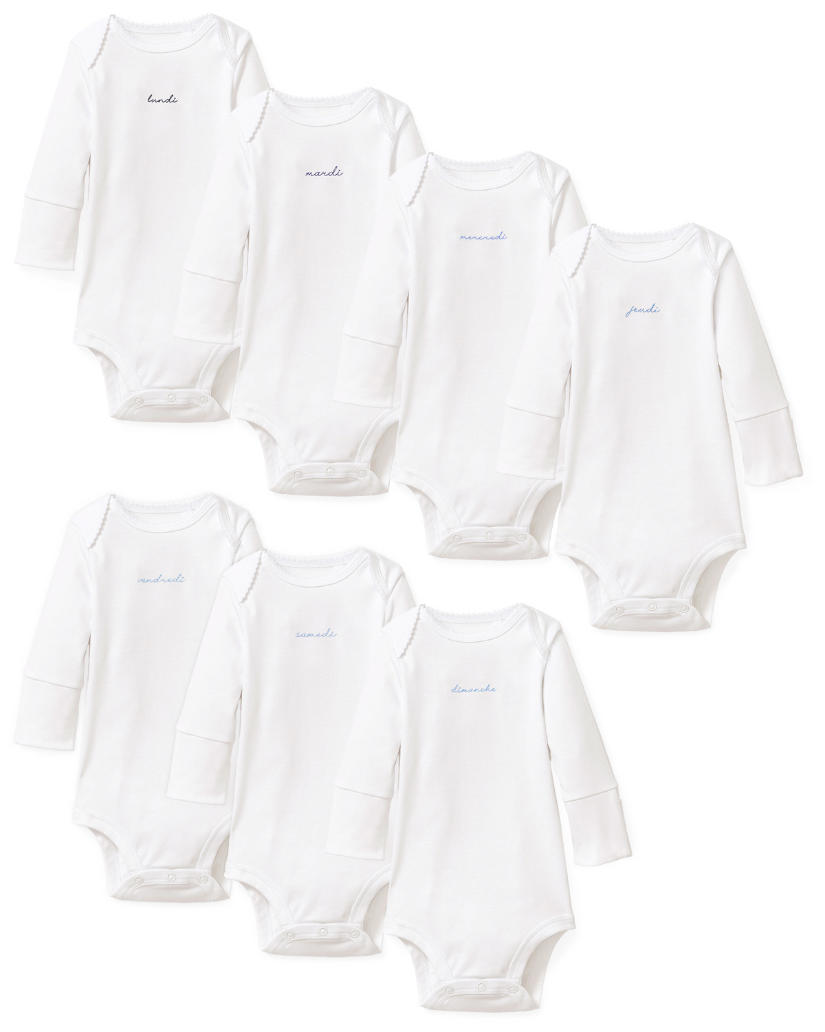Seven Baby’s Pima Long Sleeve Onesies from the French Lessons Blue set are arranged in two rows. Each white onesie features a different day of the week written in cursive on the chest, with text in either black or blue.