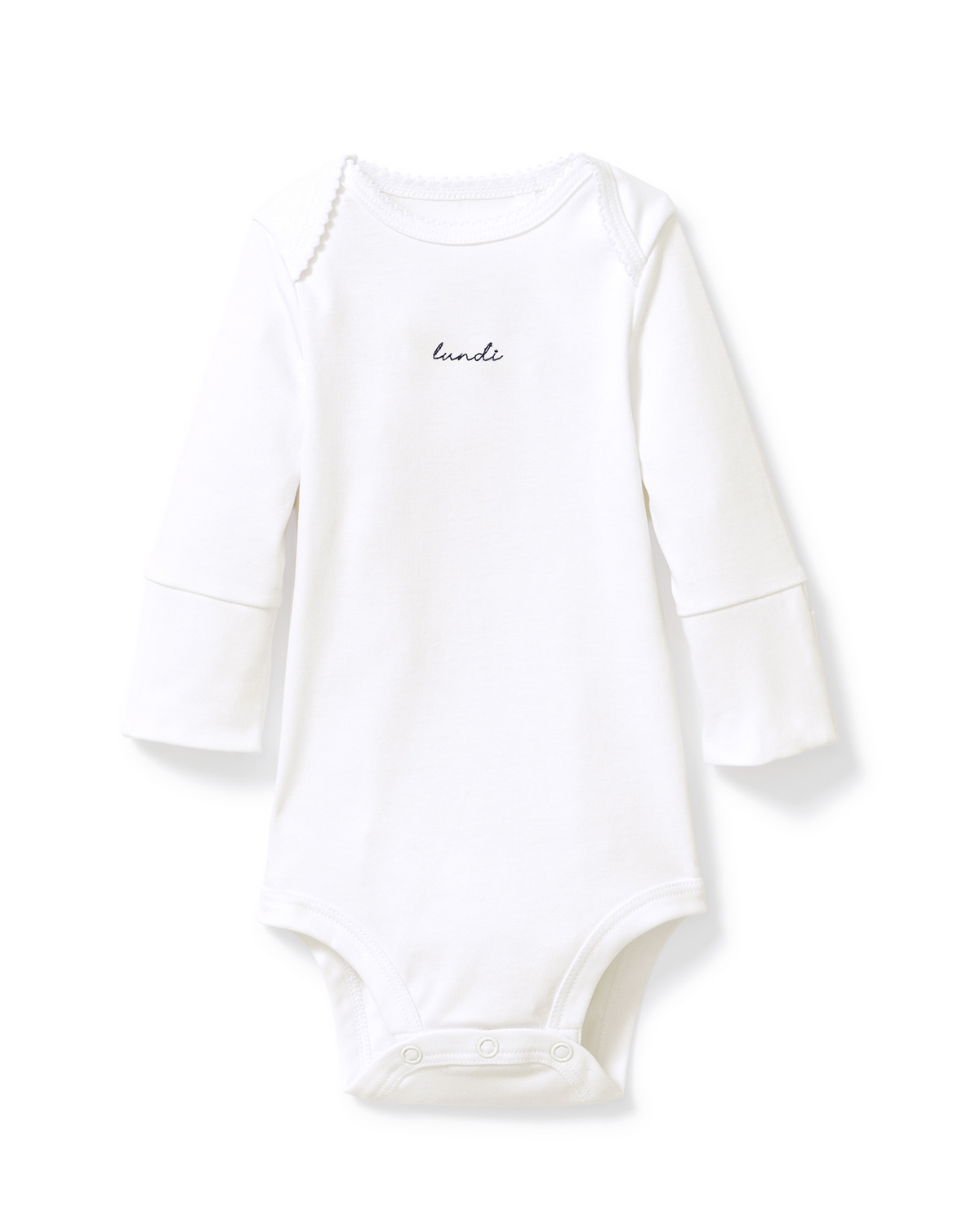 Baby’s Pima Long Sleeve Onesie Set in French Lessons Blue, featuring the word “lundi” delicately embroidered in small black script on the chest, shown against a plain white background.