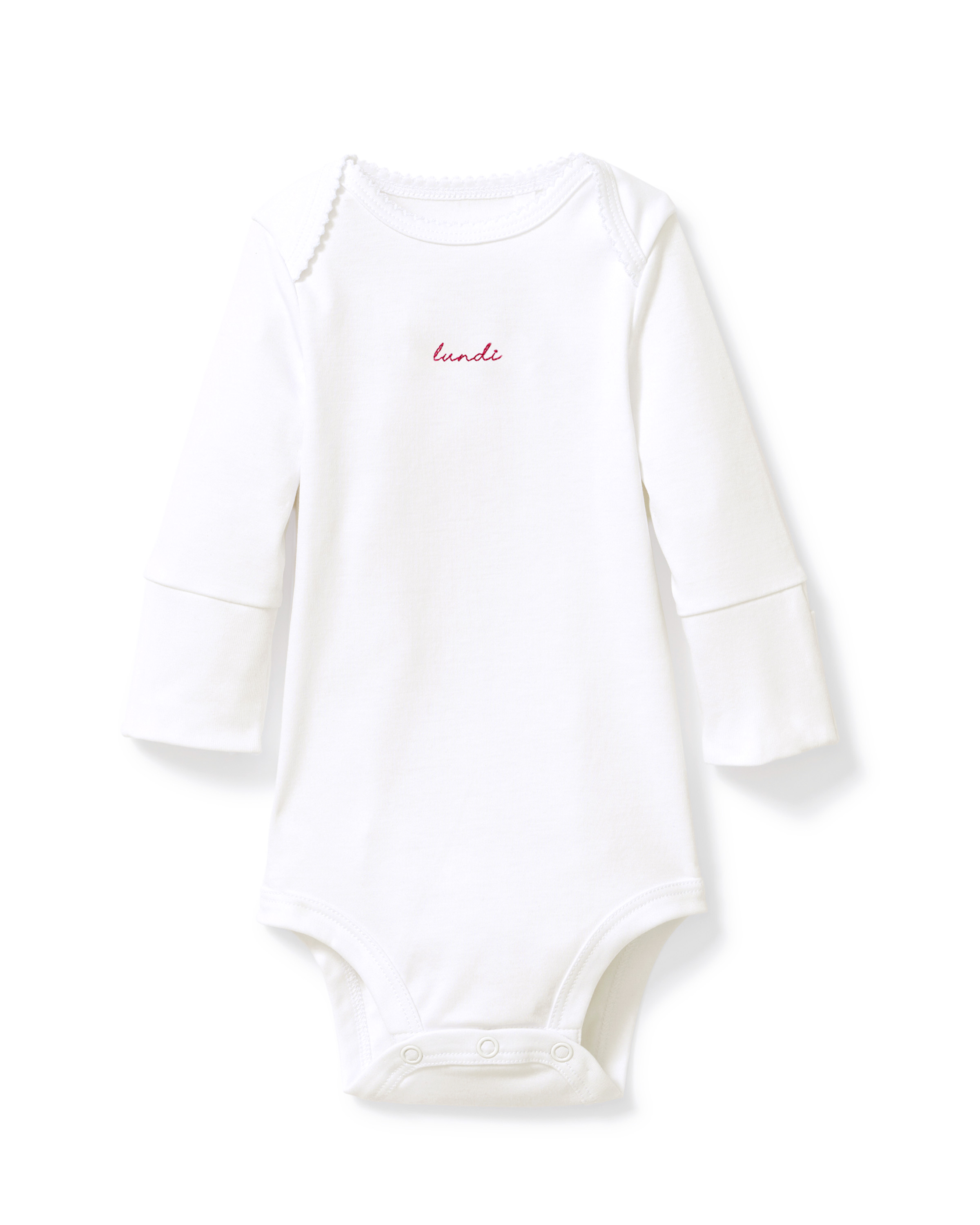 Baby’s Pima Long Sleeve Onesie Set in French Lessons Pink features a white long-sleeved onesie with small red “loved” text on the chest and convenient snap closures at the bottom, displayed against a plain white background.