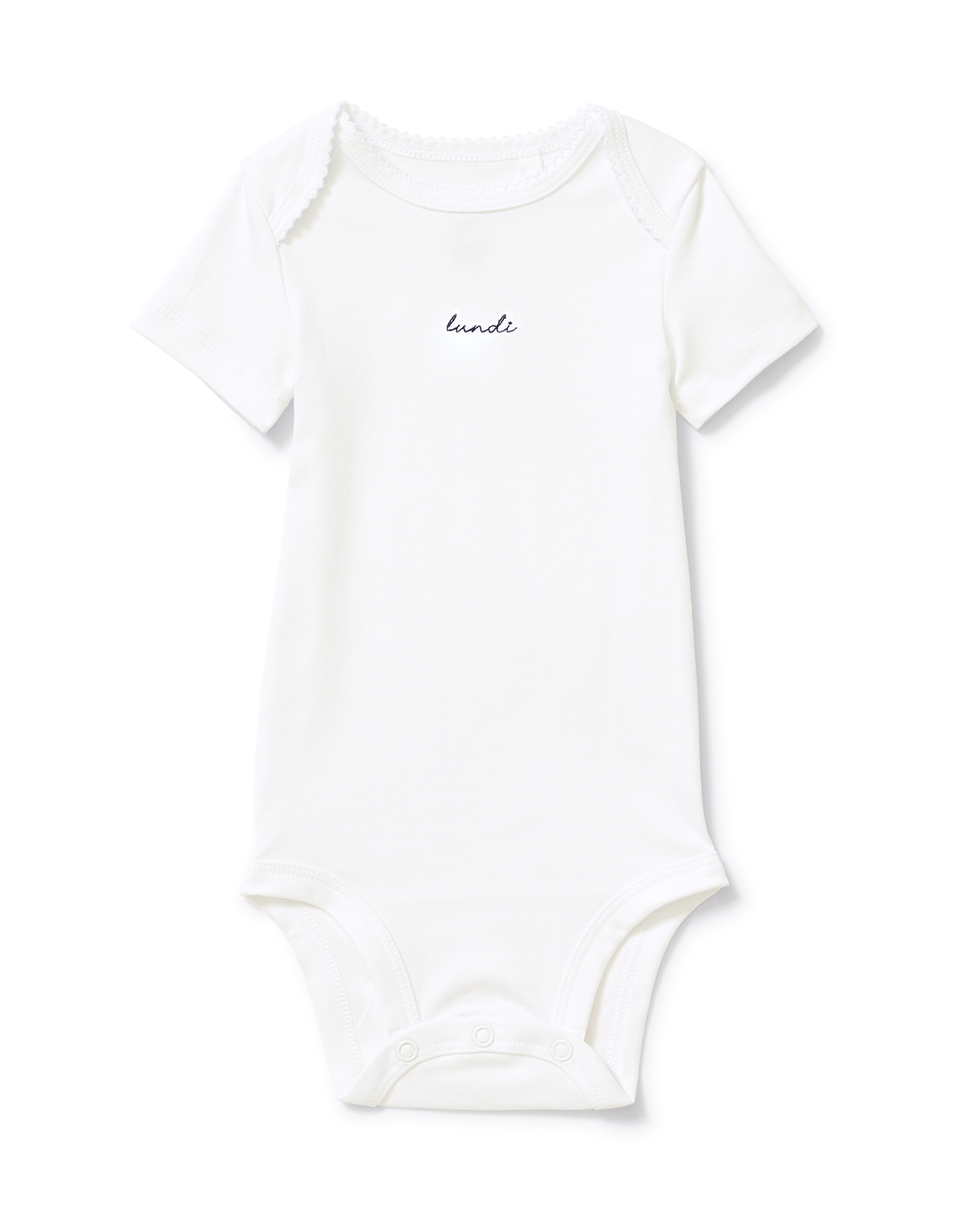 A soft, short-sleeve baby onesie in French Lessons Blue made from Pima cotton, featuring small “bundi” embroidery on the chest and convenient snap closures at the bottom.
