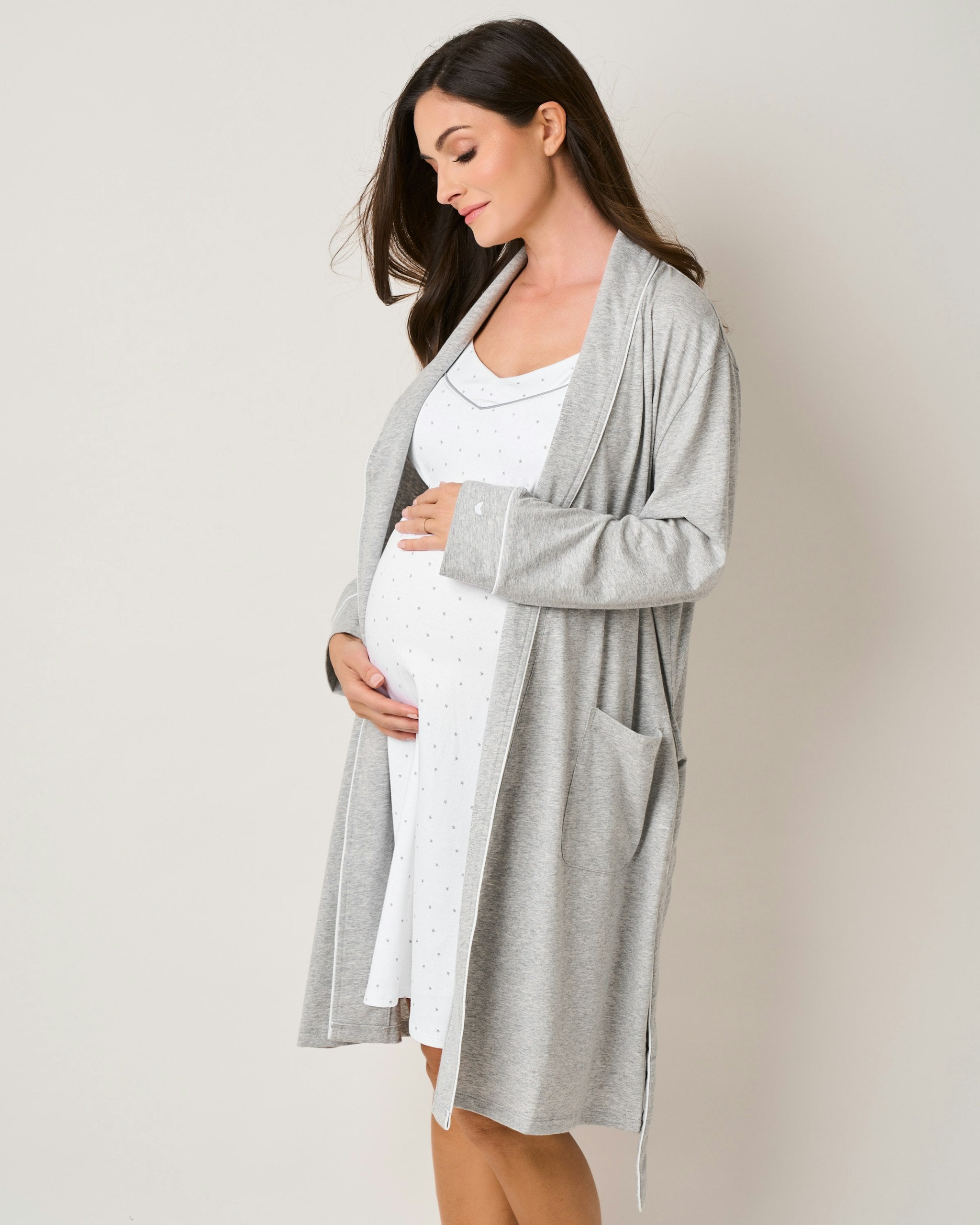 Women's Pima Maternity Nightgown in Grey Stripes in Grey Stars#Color_Grey Stars
