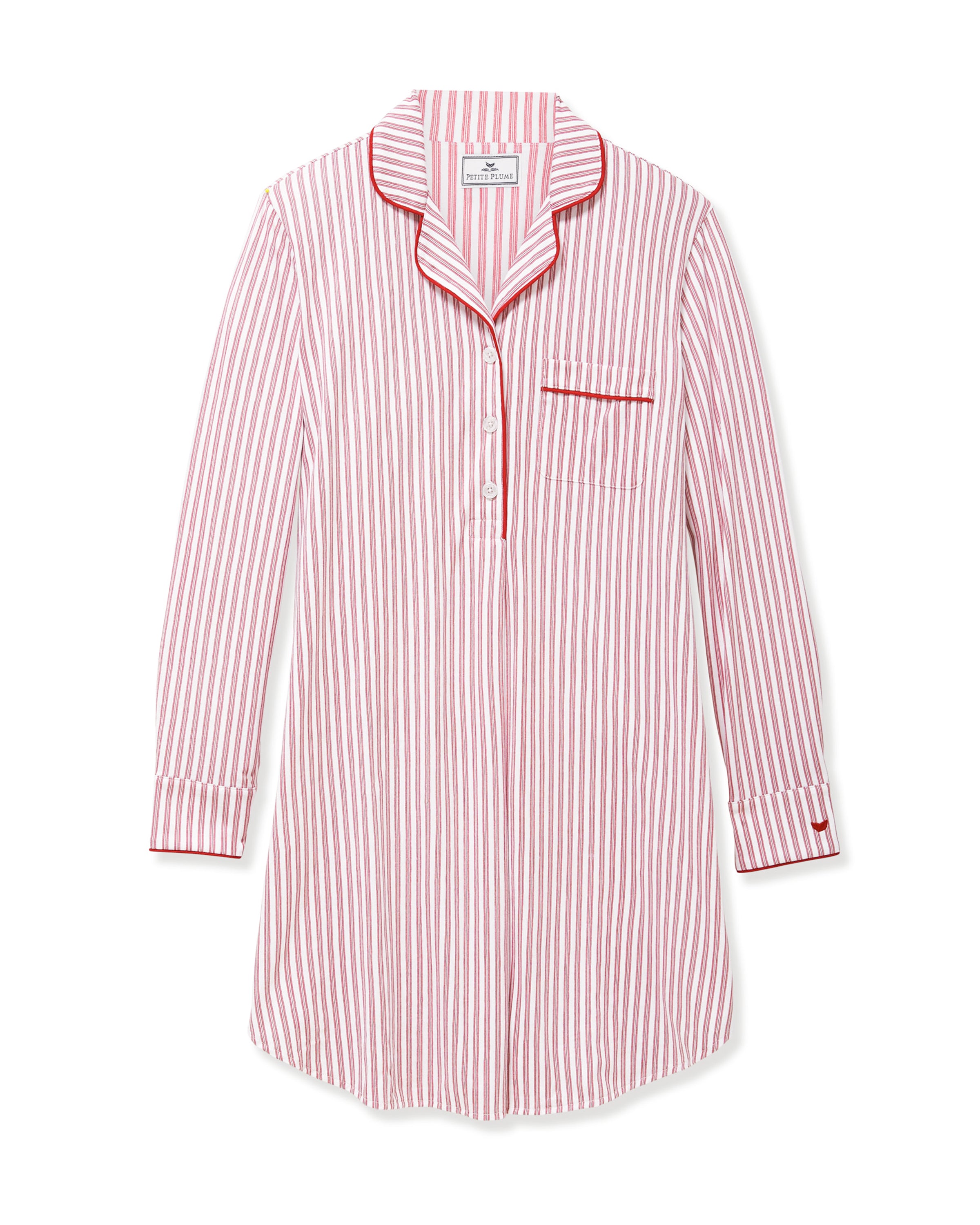 The Women's Pima Maternity Nightshirt in Antique Red Ticking features red and white vertical stripes, a front pocket, white buttons, and red piping on the collar, cuffs, and pocket edge.