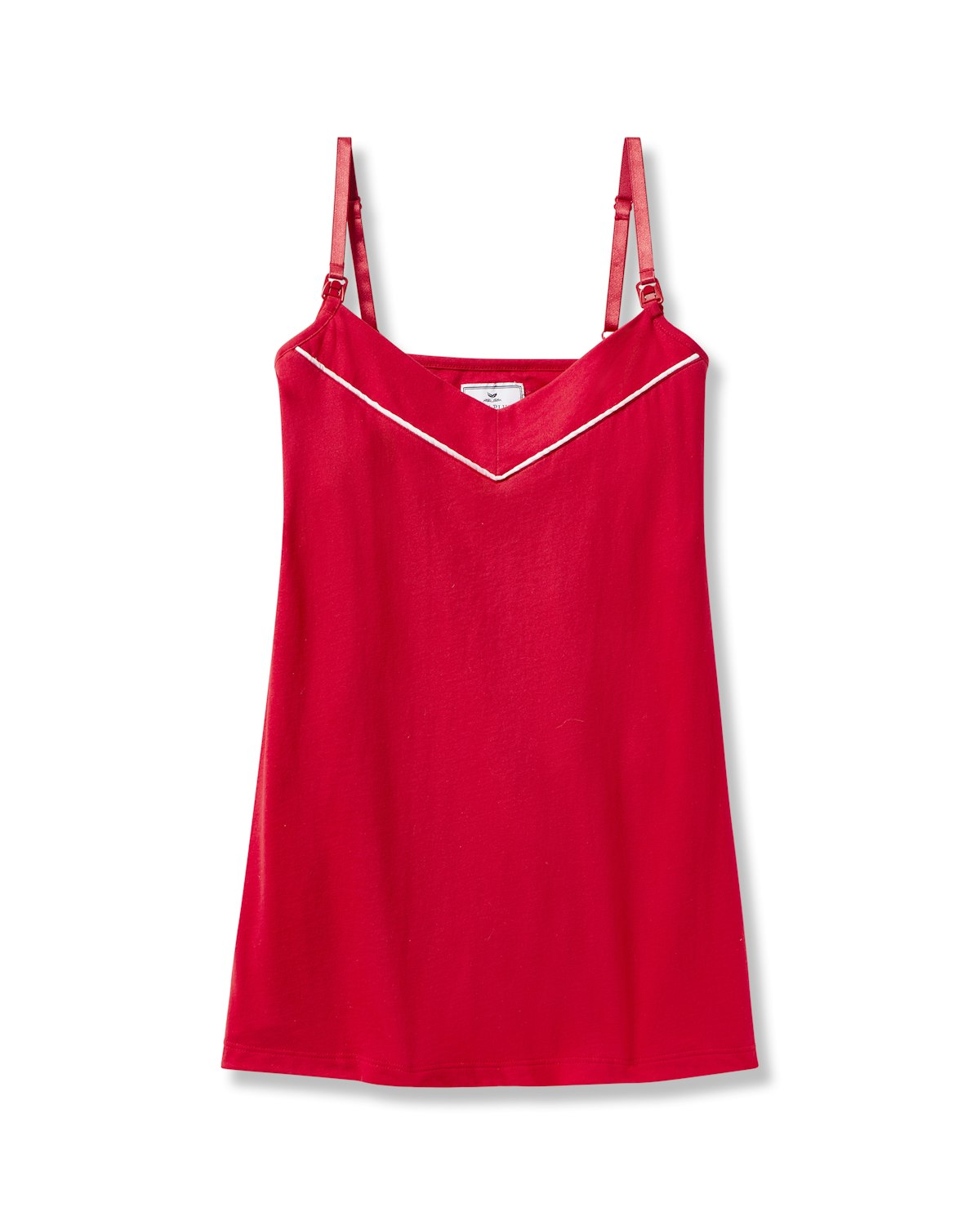 The Womens Pima Maternity Camisole in Red by Petite Plume features adjustable spaghetti straps, a V-neckline with white trim, perfect for nursing mothers who want stylish practicality.