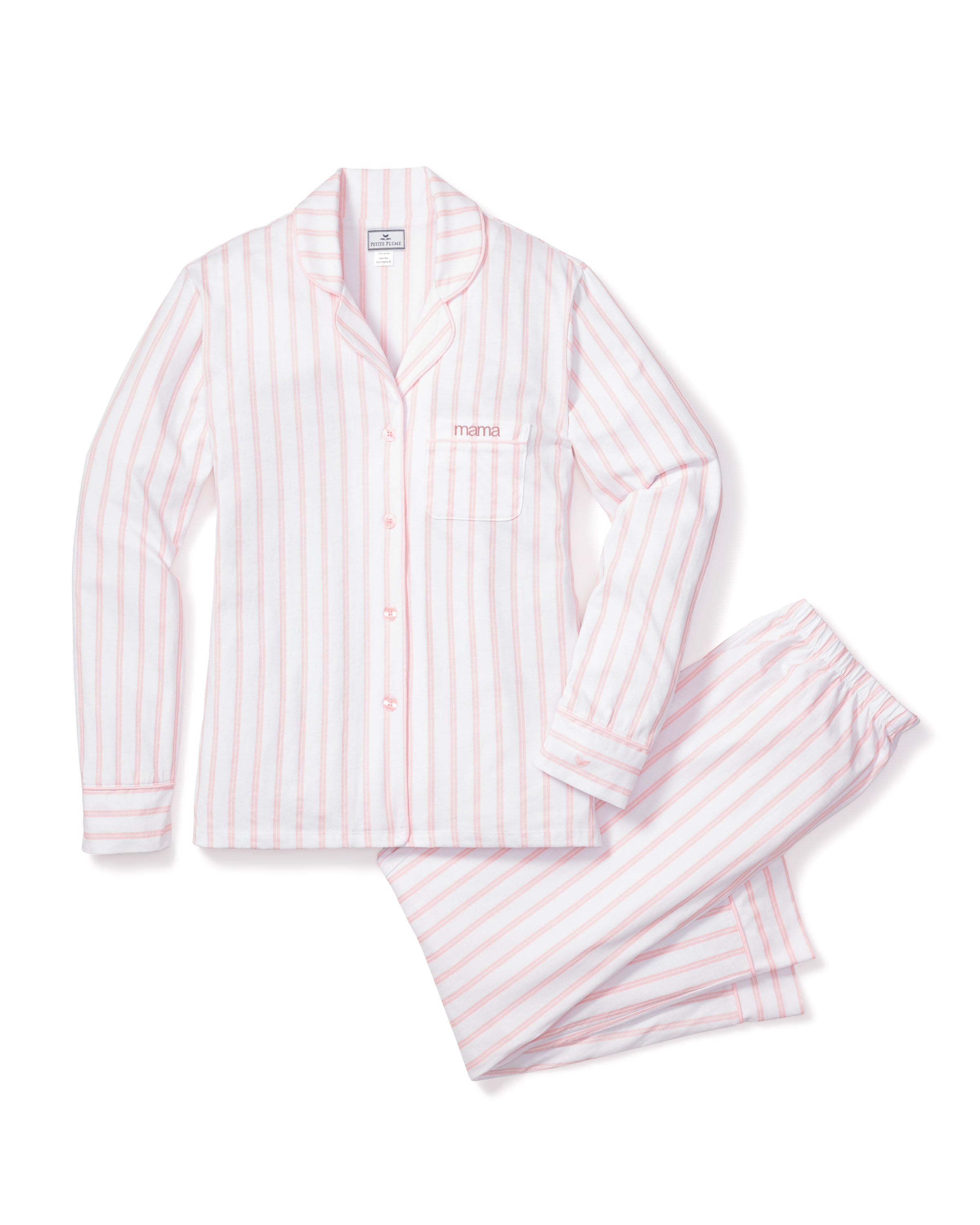 Experience ultimate comfort with Petite Plumes Womens Pima Pajama Set in Pink Stripe. The set features a button-up long-sleeve top with mama embroidered on the chest pocket and matching pants, making it perfect for Mothers Day.