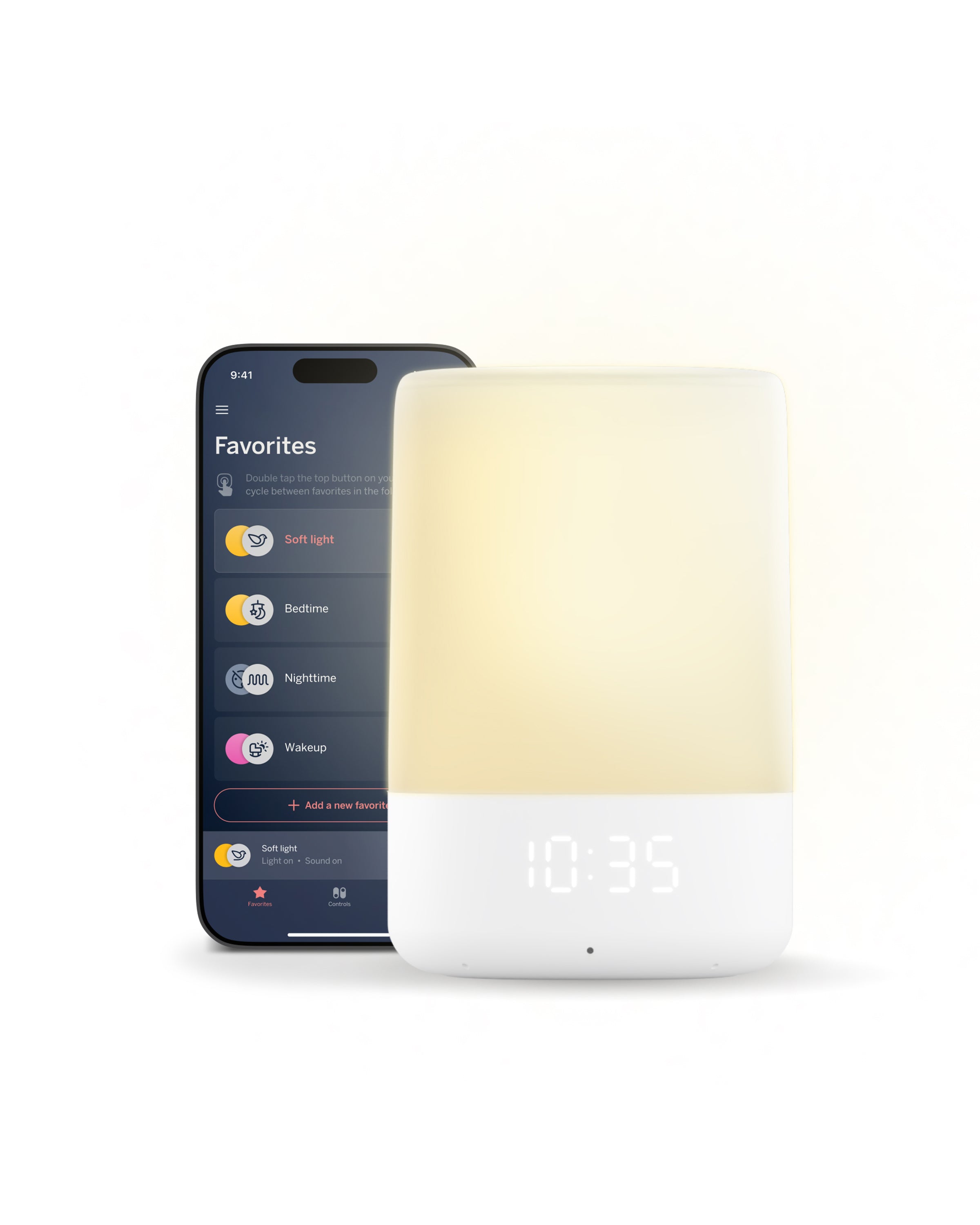A smartphone shows the Nanit Sound + Light Machine app with Soft Light, Bedtime, and Wakeup options. Beside it sits the modern Nanit device, glowing warmly and displaying the time 10:35.