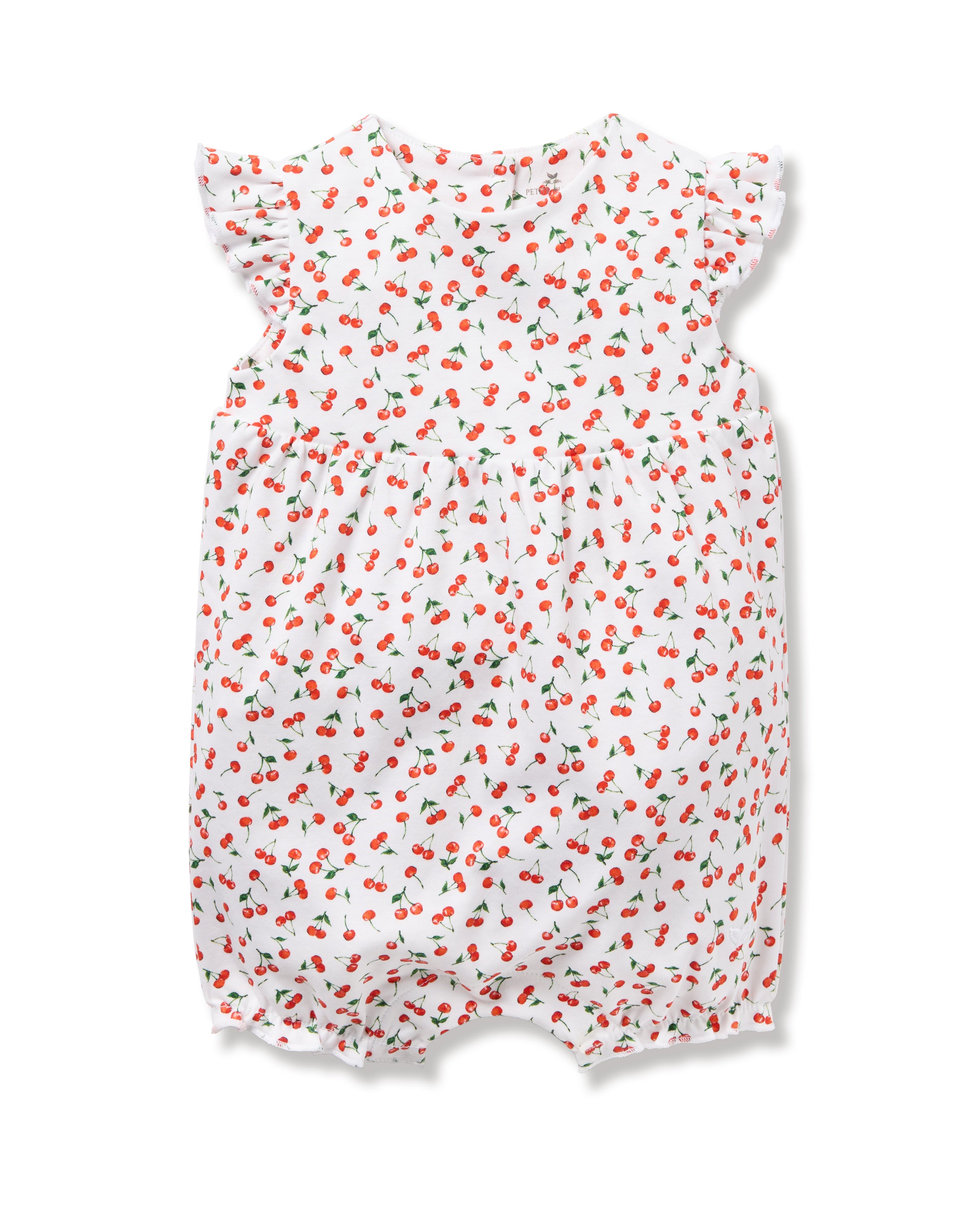 The Babys Pima Isla Play Romper in Cherry Orchard by Petite Plume is made from soft Pima cotton featuring short, ruffled sleeves and elastic leg openings. The cherry print with green leaves adds a playful touch, perfect for mom-and-me dressing.