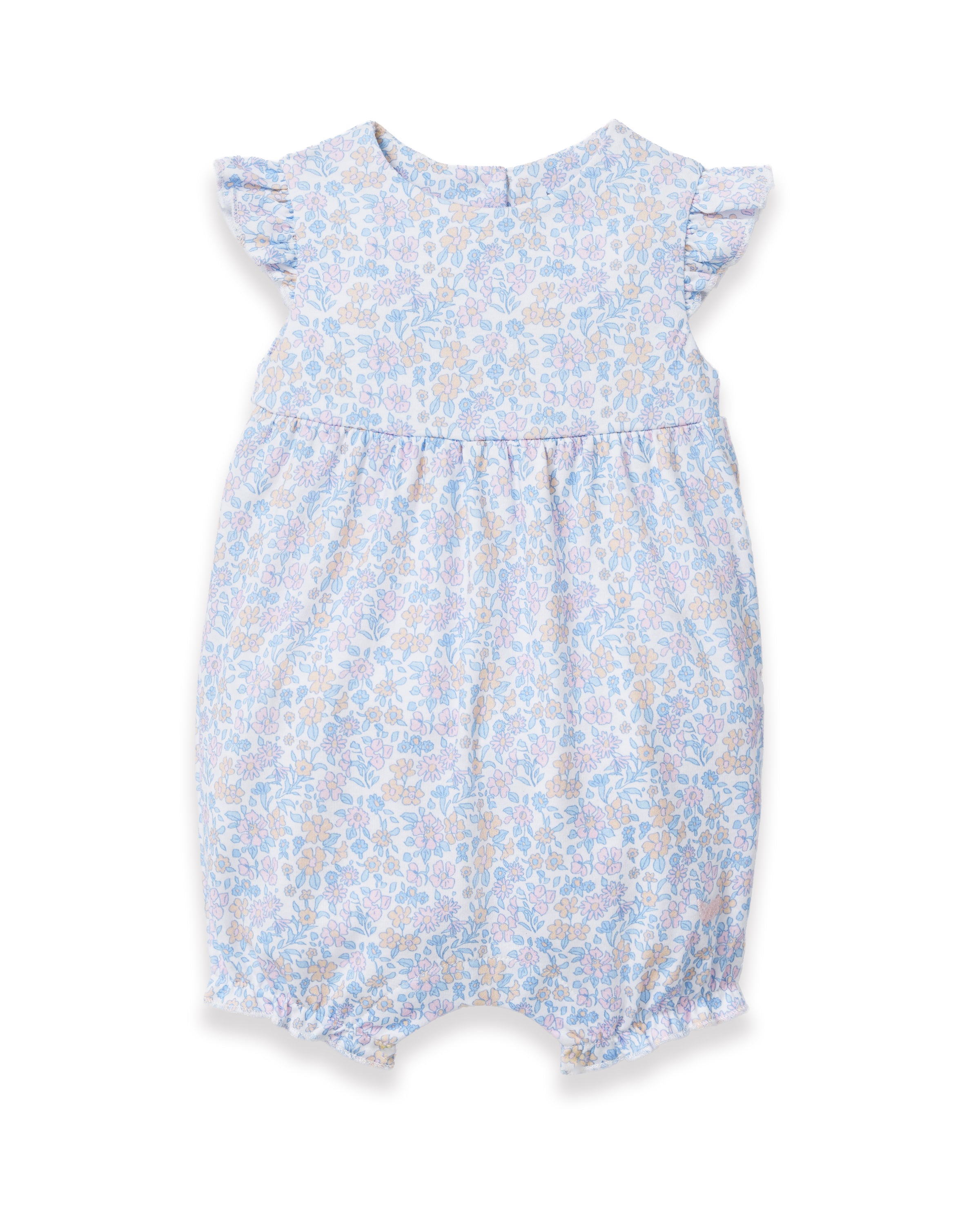 The Baby's Pima Isla Play Romper in Fleur Blanche features light blue and white florals, short ruffled sleeves, and elastic leg openings, shown laid flat on a white background.