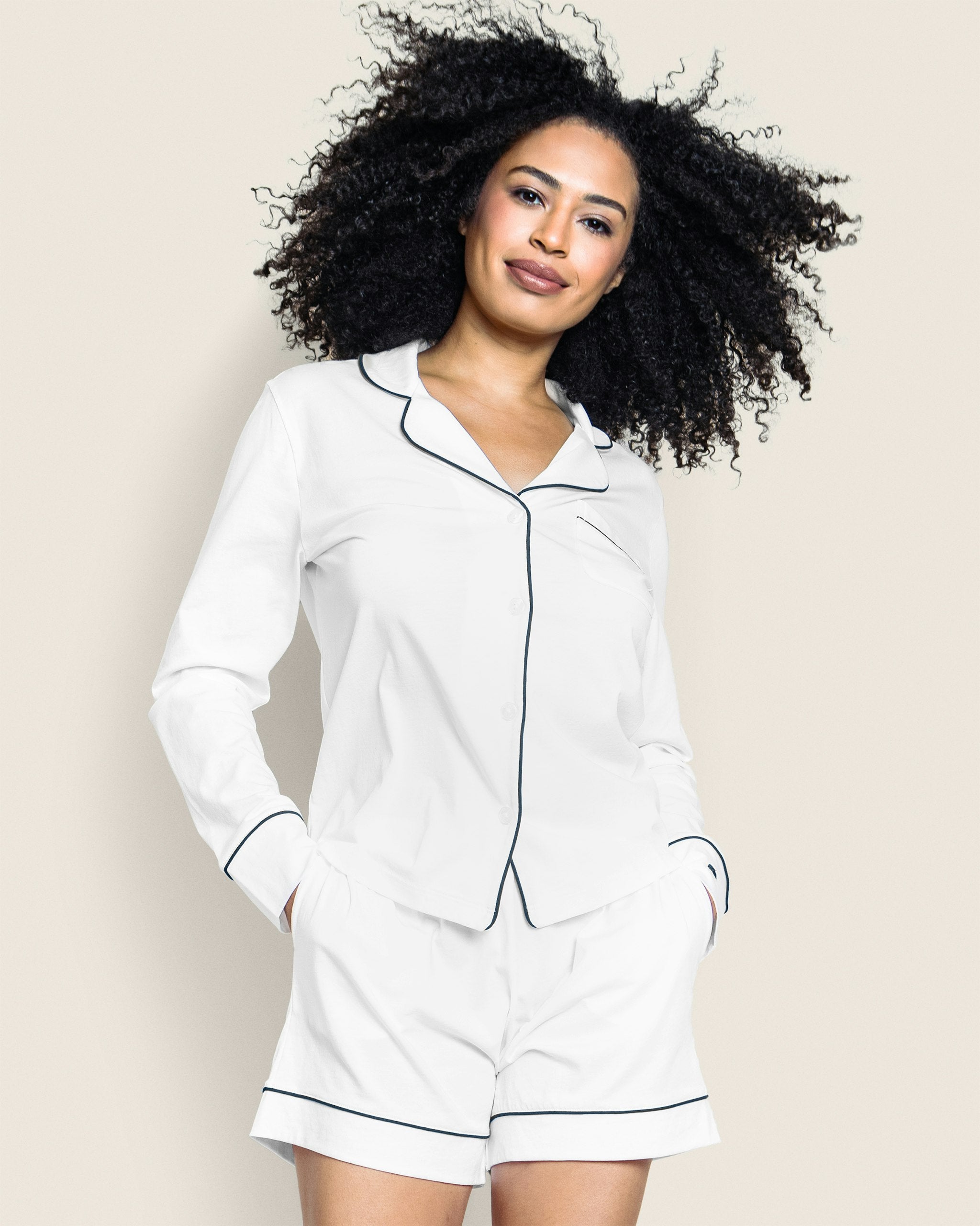 Women's Pima Long Sleeve Short Set in Navy in White#Color_White