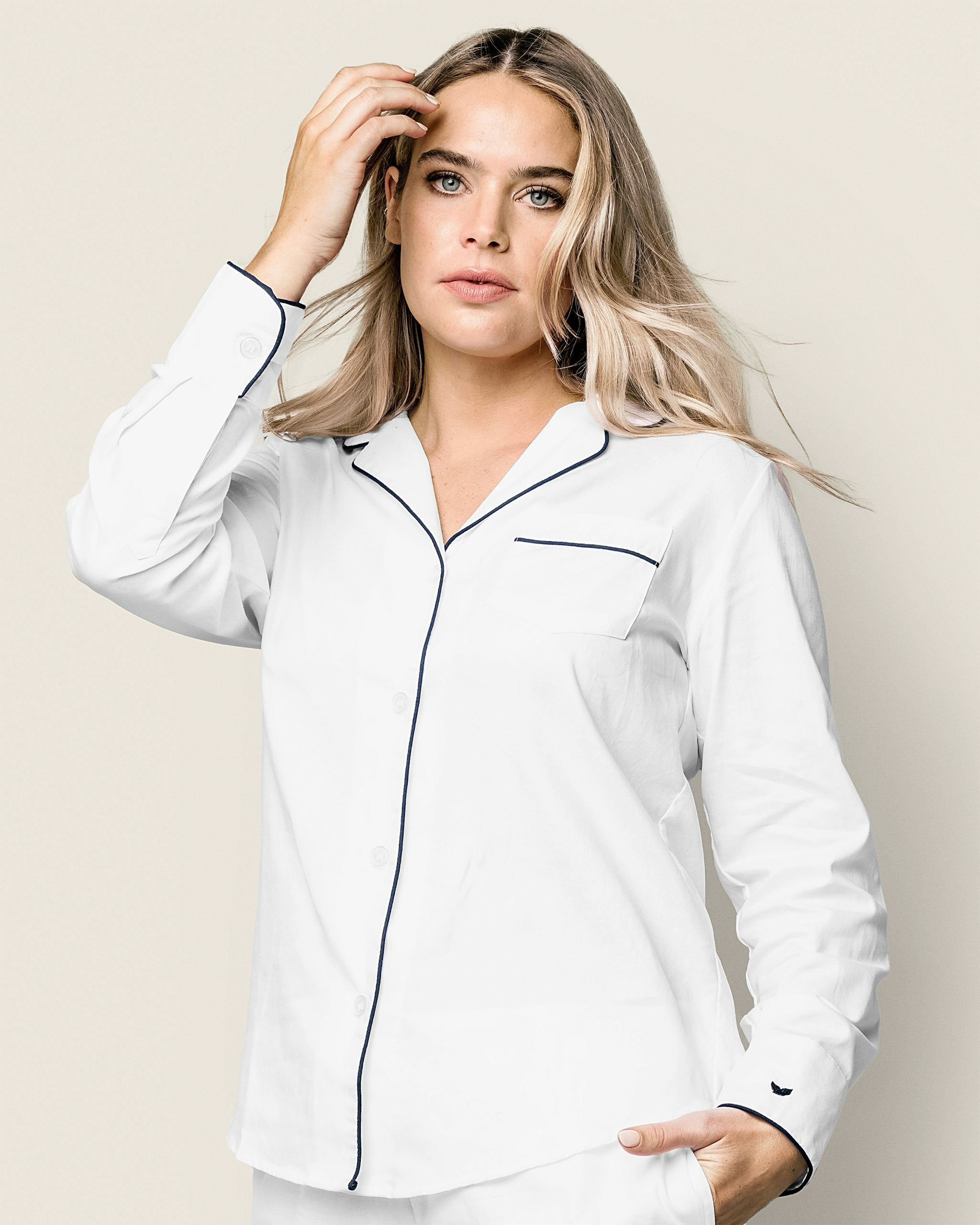 Women's Pima Long Sleeve Short Set in Navy in White#Color_White