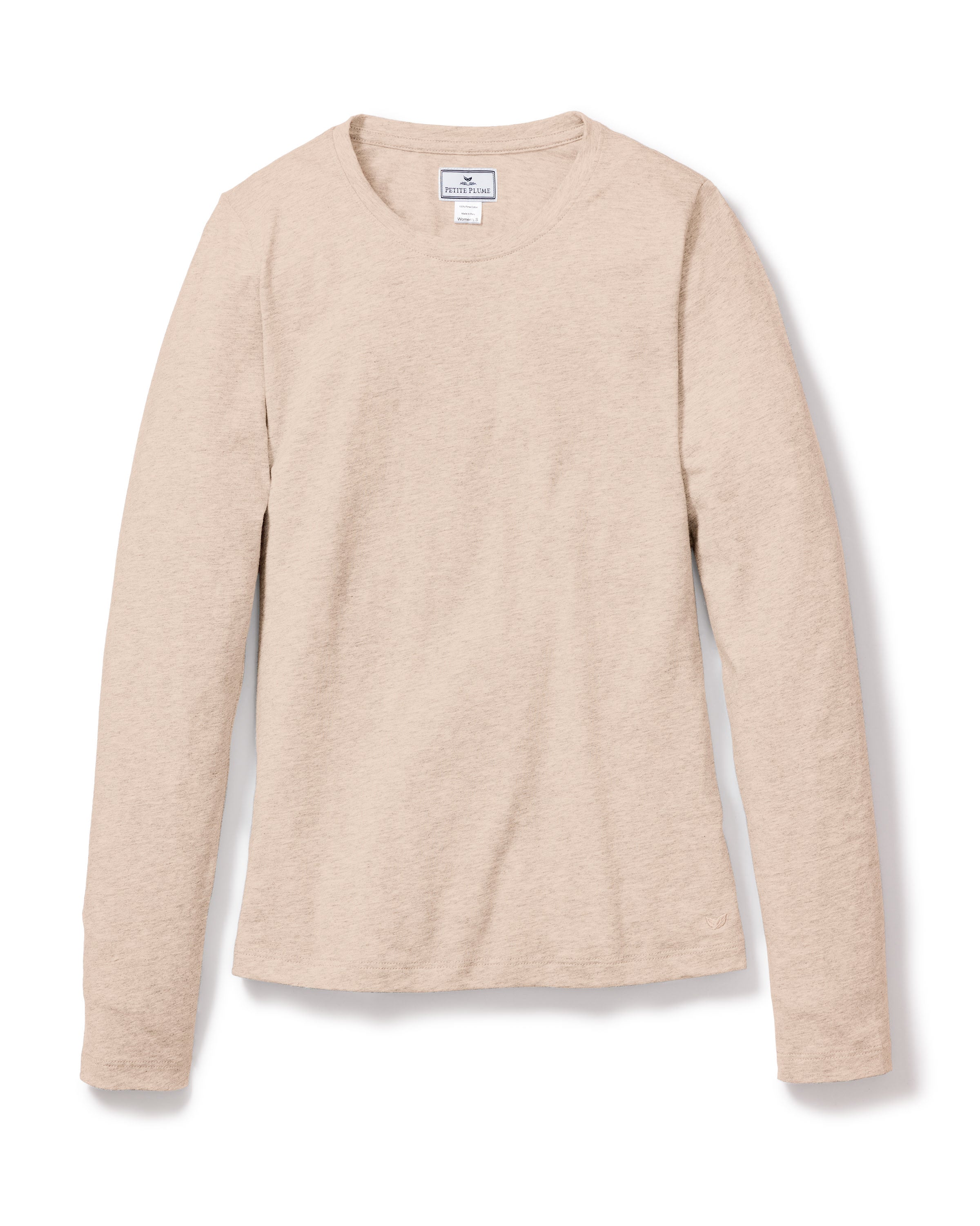The Womens Pima Long Sleeve Top in Camel by Petite Plume, made from soft Peruvian Pima cotton, is showcased on a plain white background. It offers a round neckline and a simple, cozy design for maximum comfort.