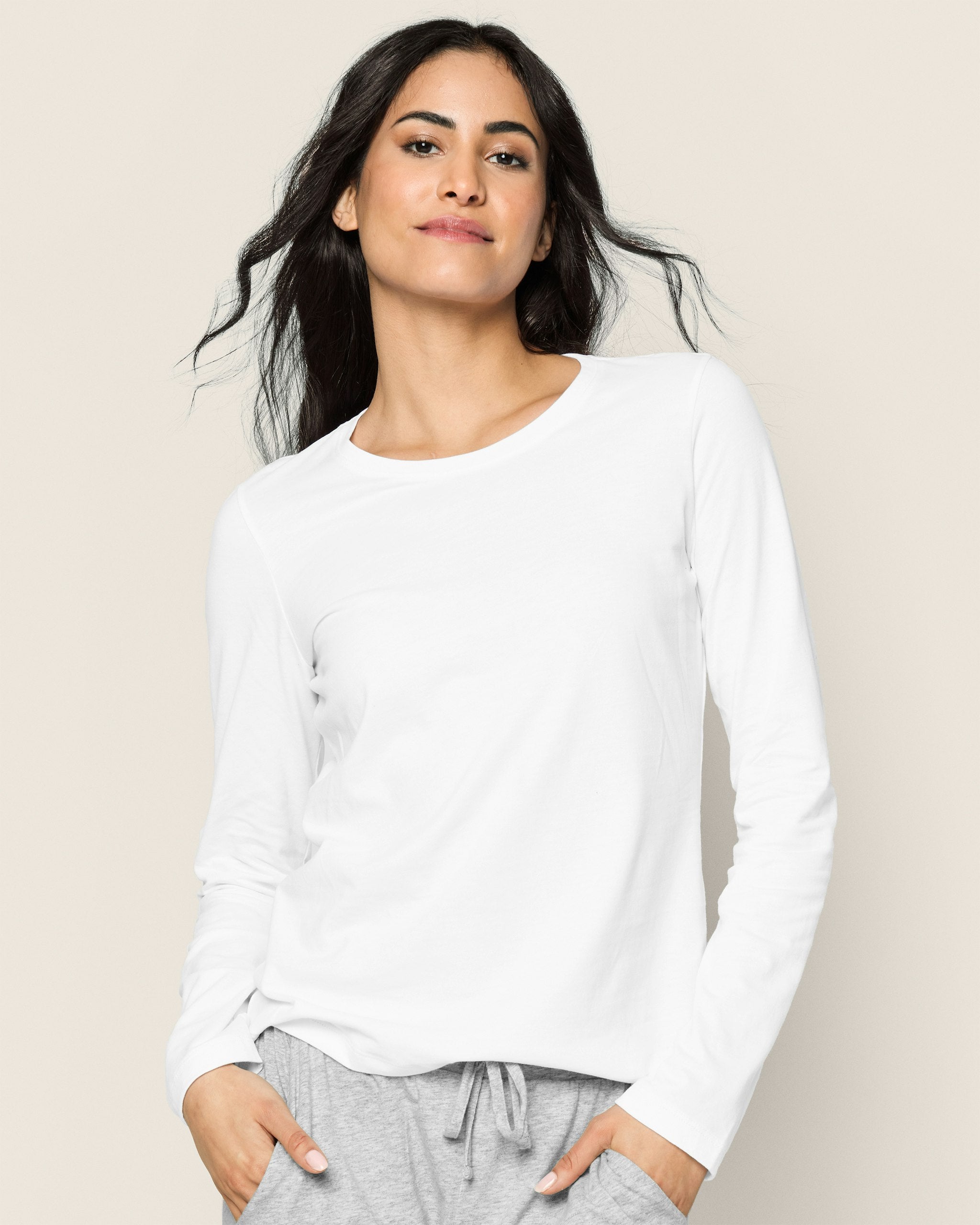 Women's Pima Long Sleeve Top in Dark Heather Grey in White#Color_White