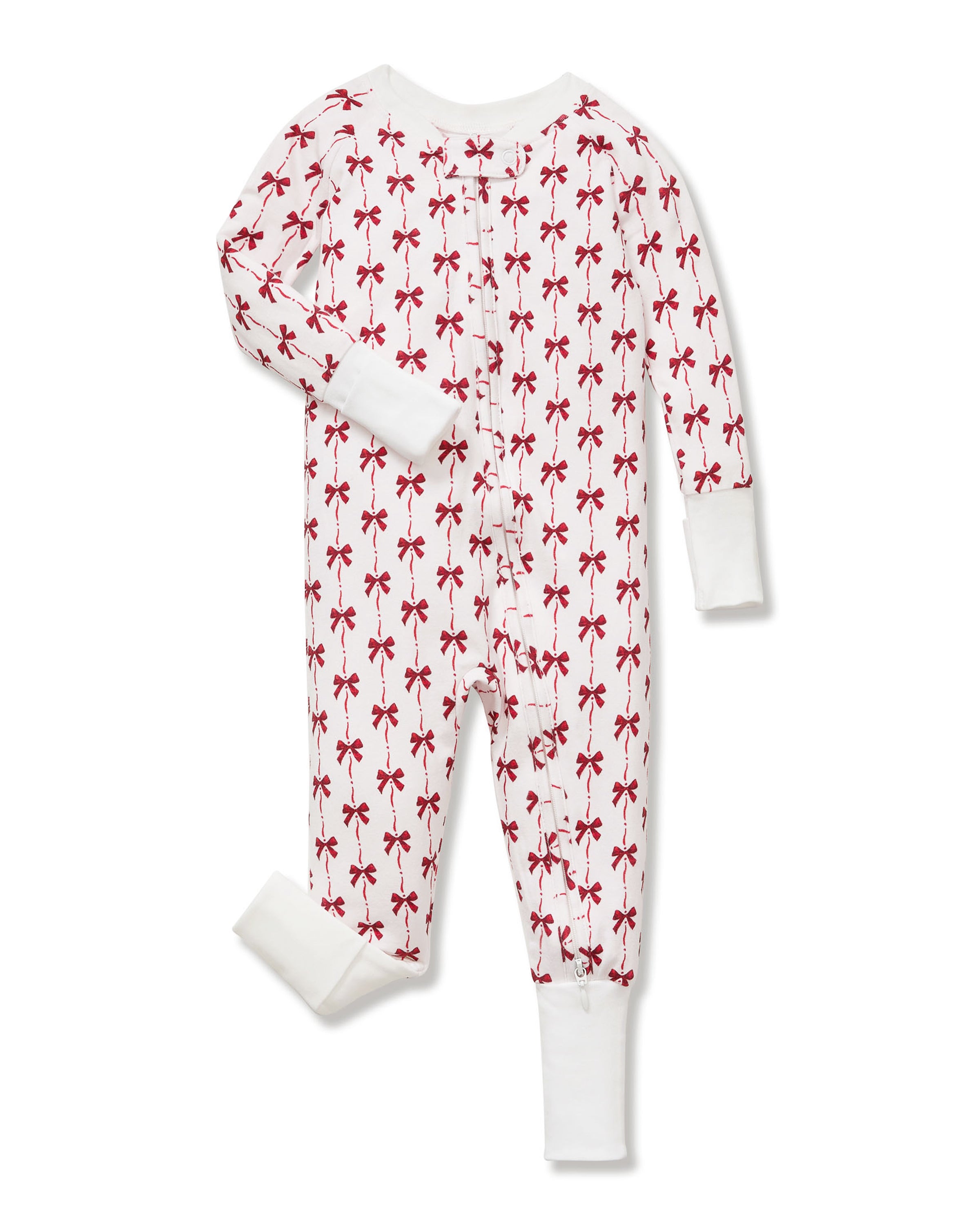 The Baby's Pima Peekaboo Romper in Blissful Bows is a white long-sleeve onesie with cuffs, adorned with festive red bows and a convenient back zipper.