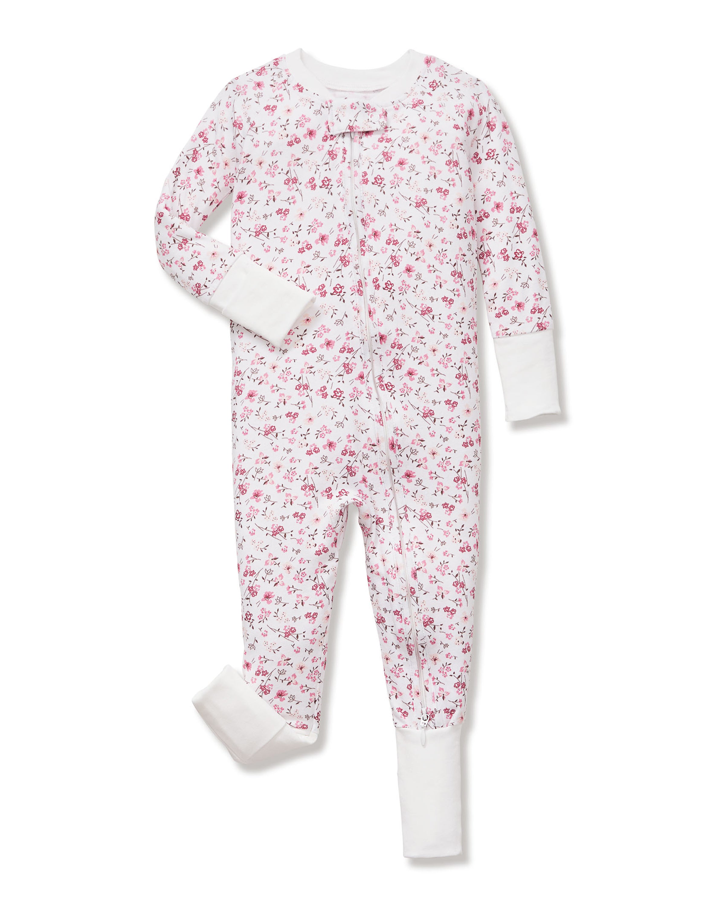 The Baby's Pima Peekaboo Romper in Dorset Floral features a white, long-sleeve, footless design with a pink floral pattern and white cuffs, displayed flat on a white background.