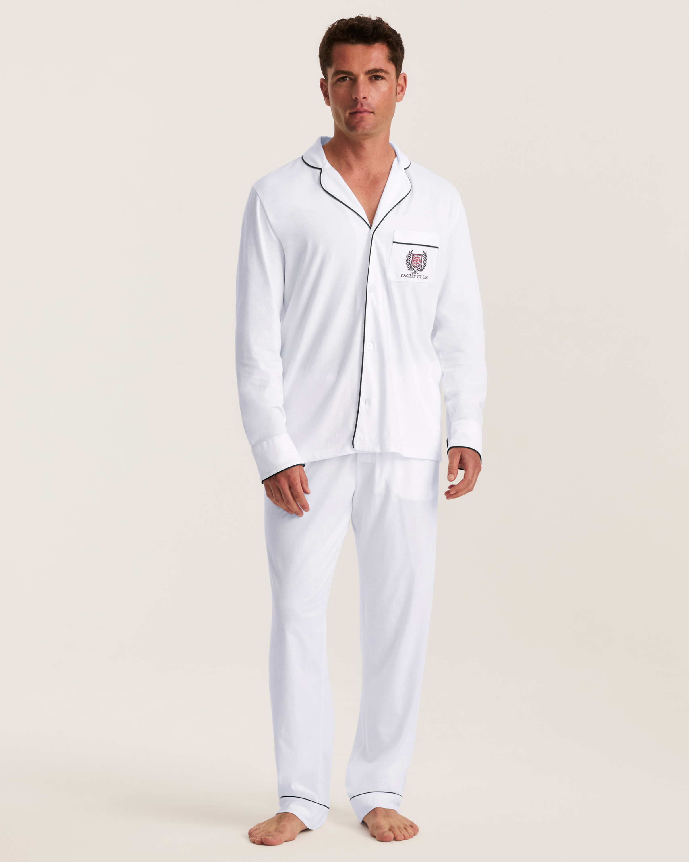 Men's Pima Pajama Set in White with Yacht Club Embroidery