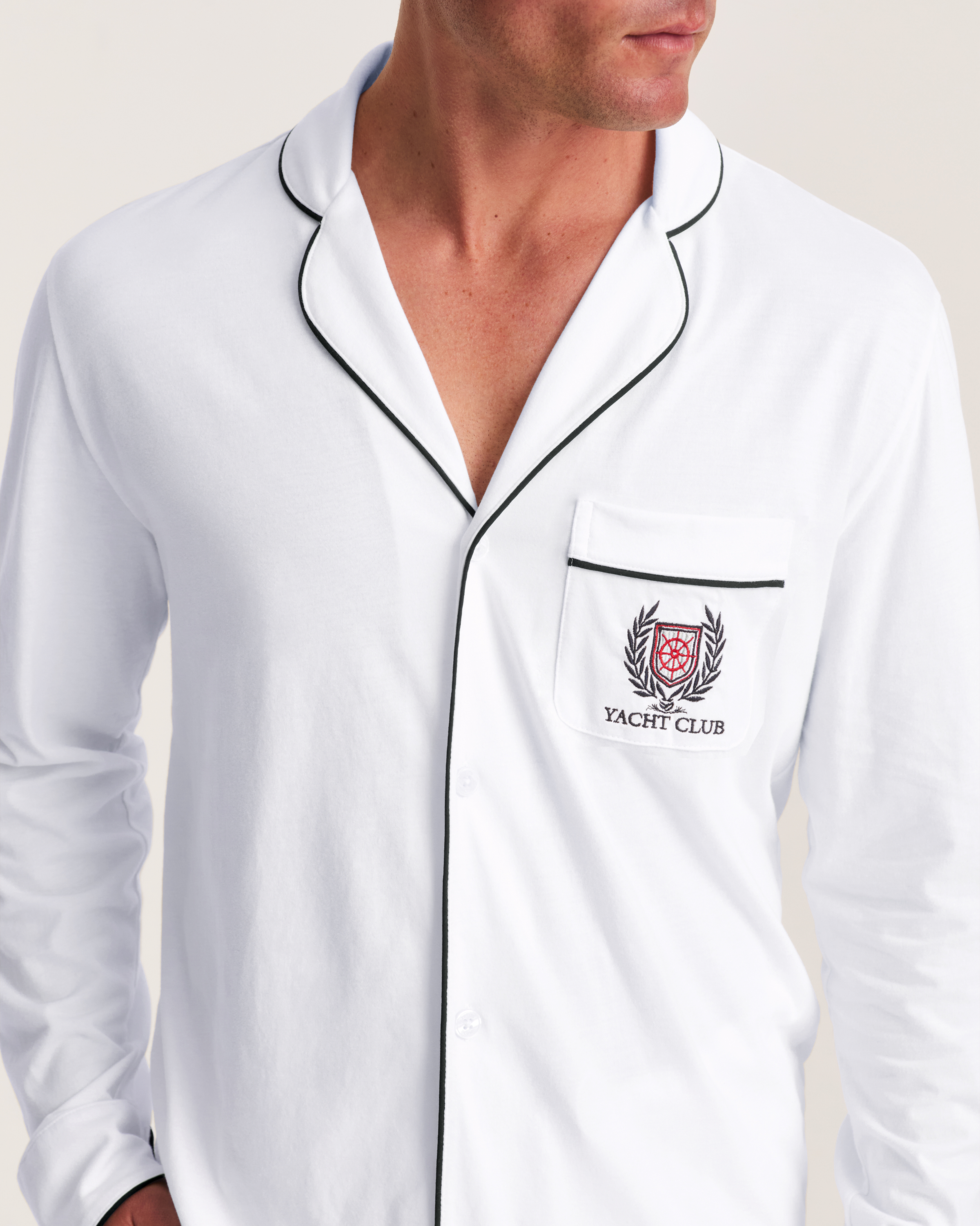 Men's Pima Pajama Set in White with Yacht Club Embroidery