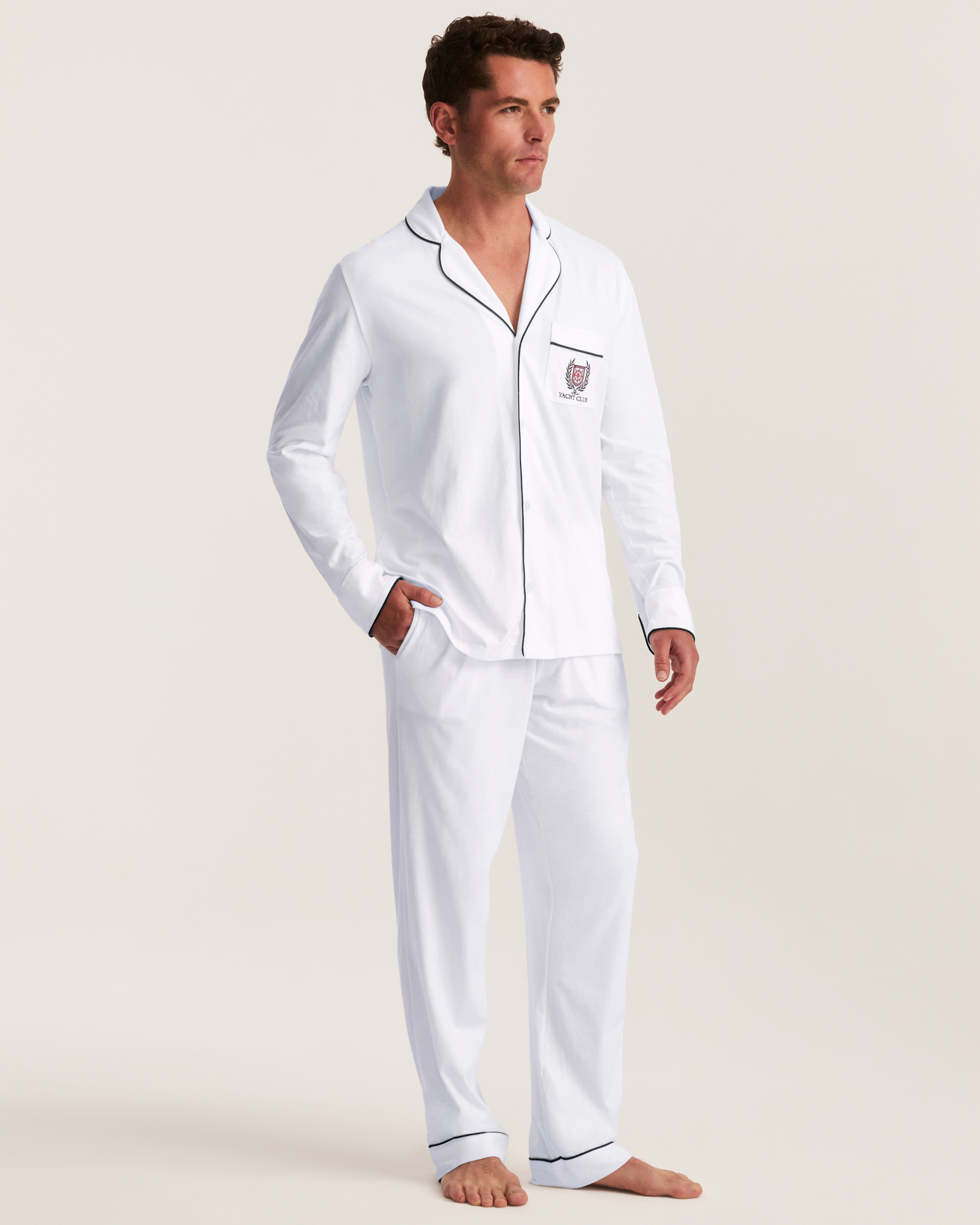 Men's Pima Pajama Set in White with Yacht Club Embroidery