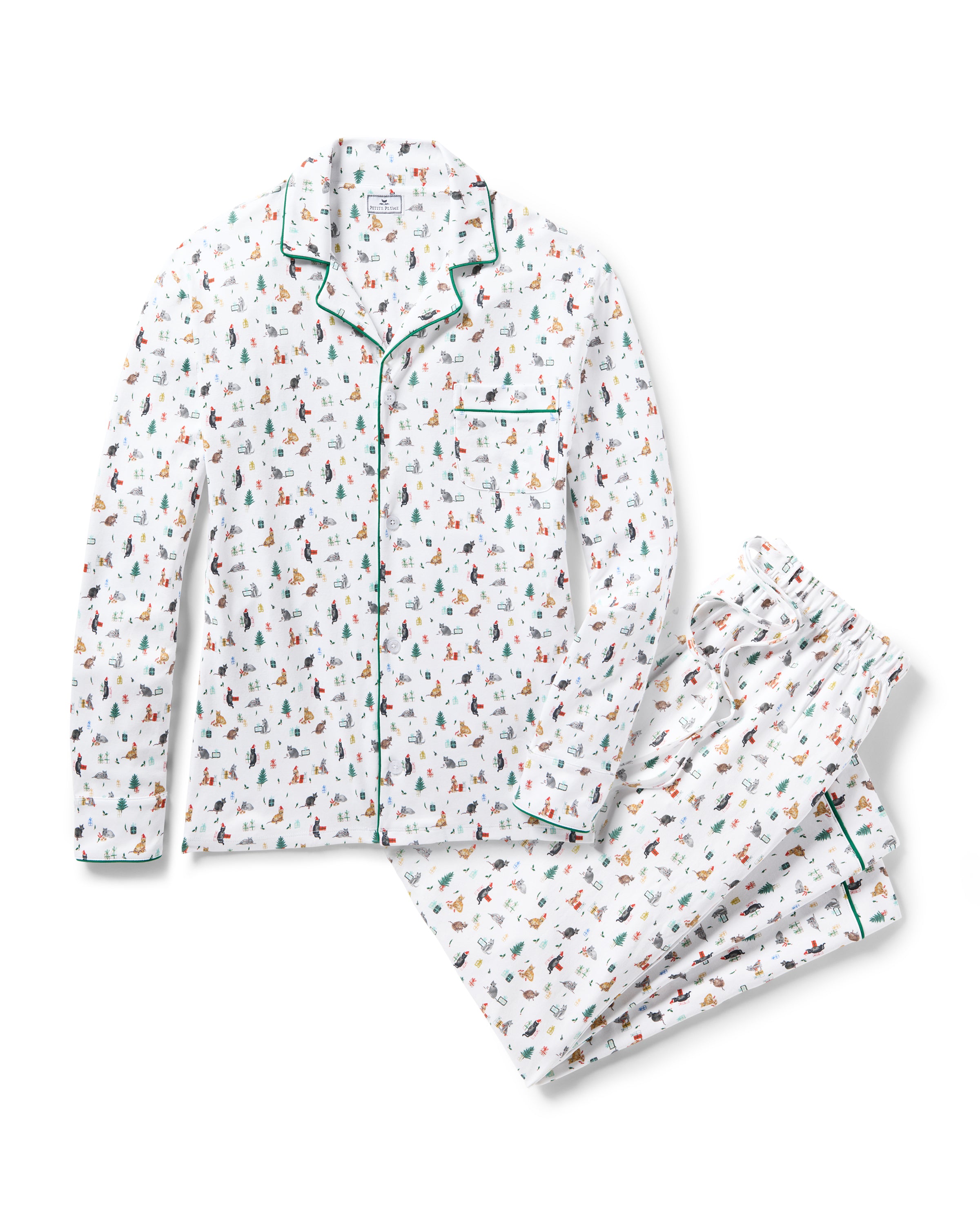 Men's Pima Pajama Set in Merry Meow: white set with green piping, featuring an all-over print of playful colorful cats. Includes a long-sleeve button-up shirt with chest pocket and matching pants.