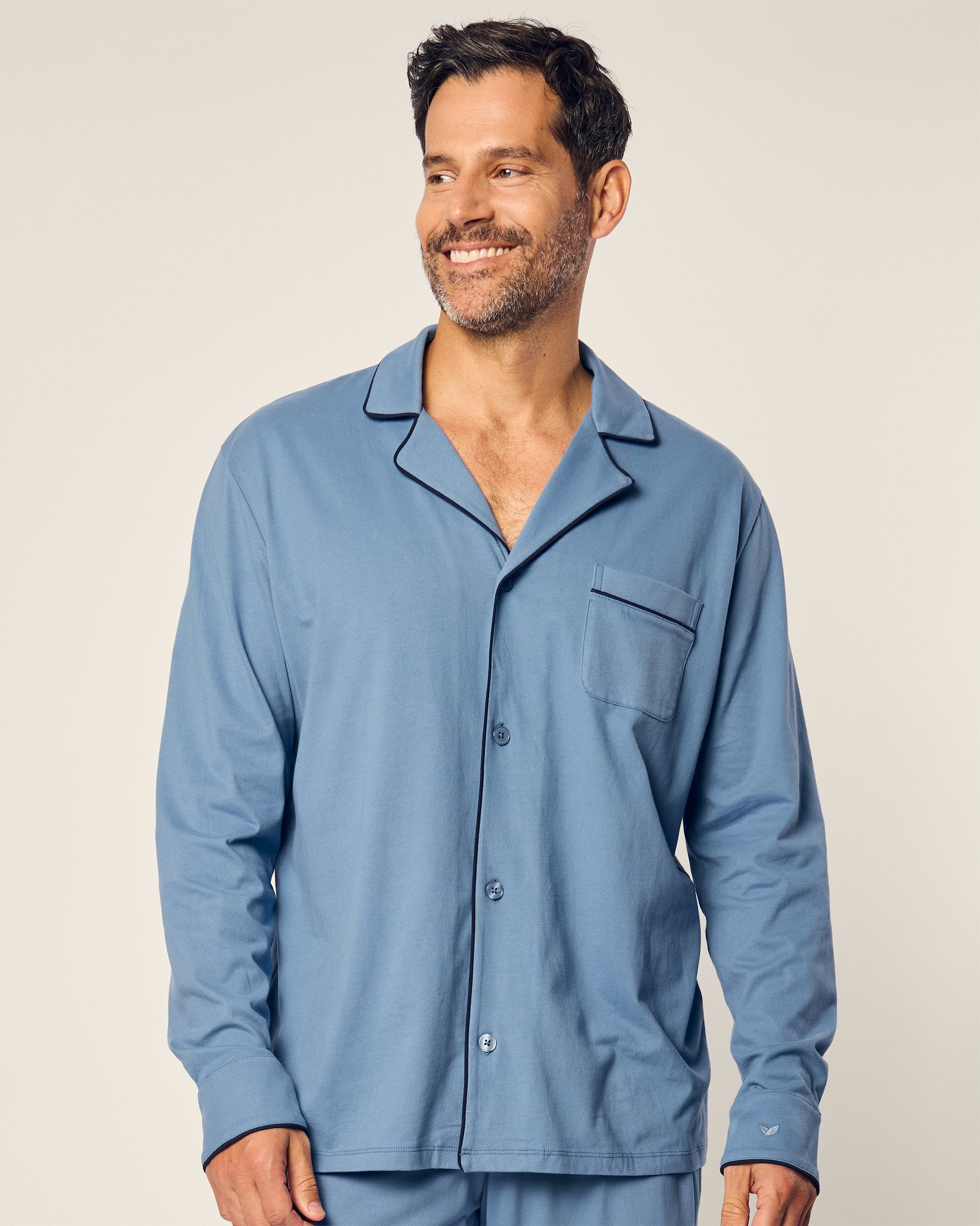 Men's Pima Pajama Set in White with Bordeaux in Mystique Blue#Color_Mystique Blue