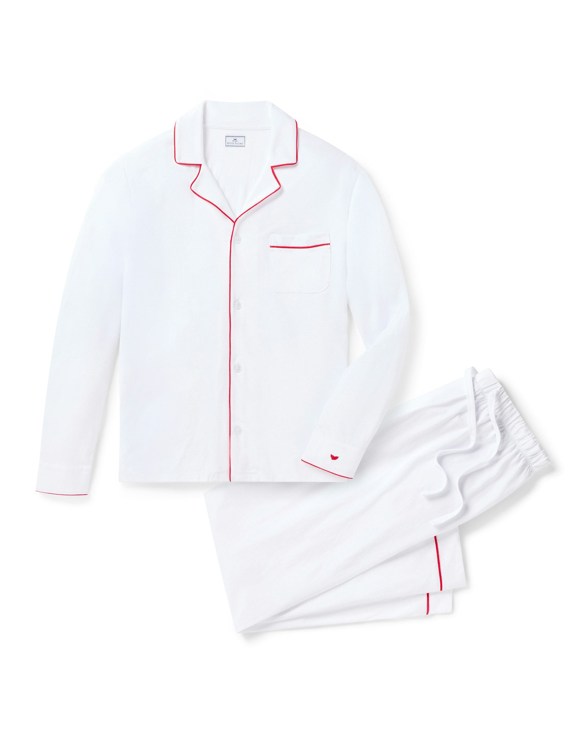 Men's Pima Pajama Set in White with Bordeaux in White with Red Piping#Color_White with Red Piping