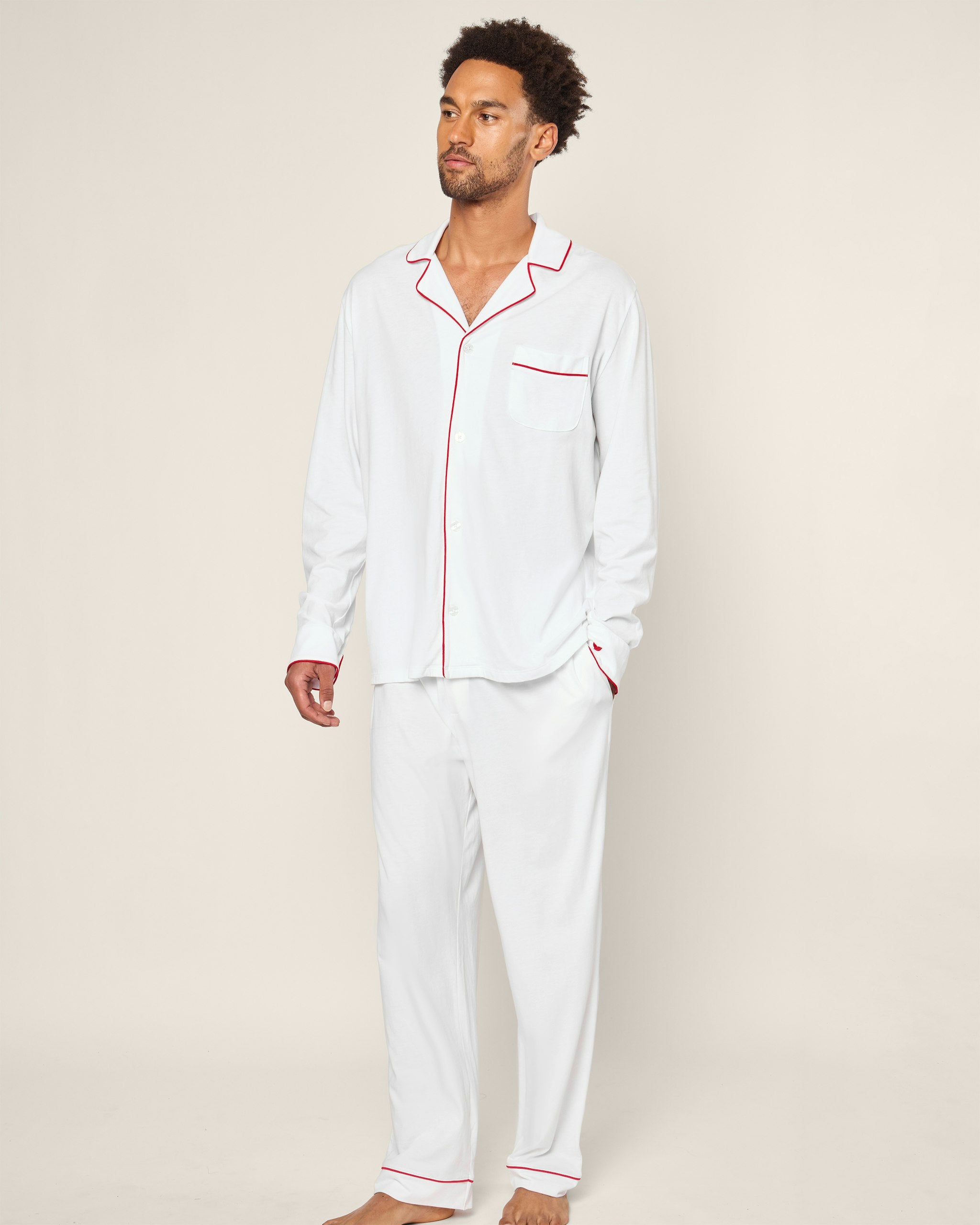 Men's Pima Pajama Set in Mystique Blue in White with Red Piping#Color_White with Red Piping