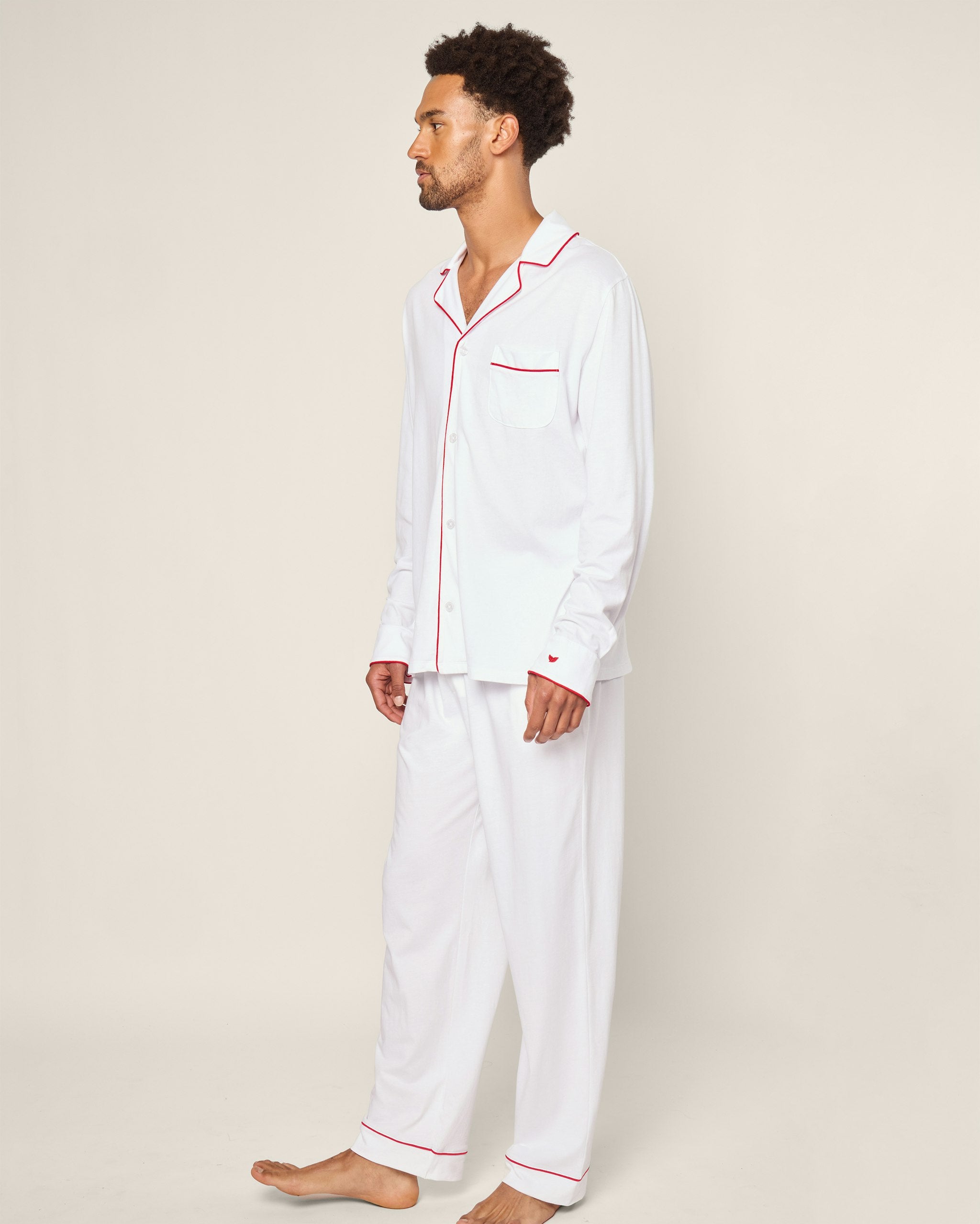 Men's Pima Pajama Set in Mystique Blue in White with Red Piping#Color_White with Red Piping