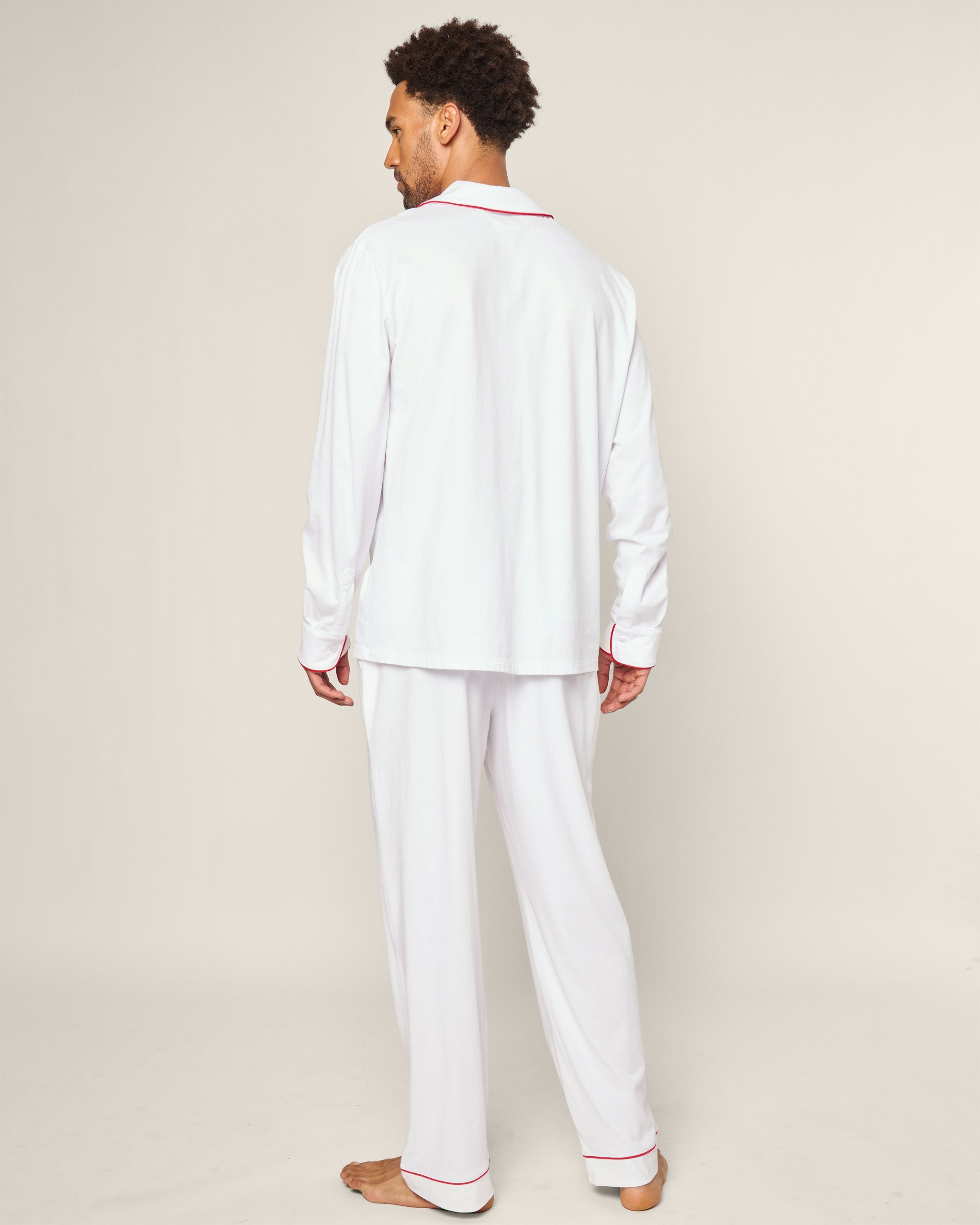 Men's Pima Pajama Set in Mystique Blue in White with Red Piping#Color_White with Red Piping