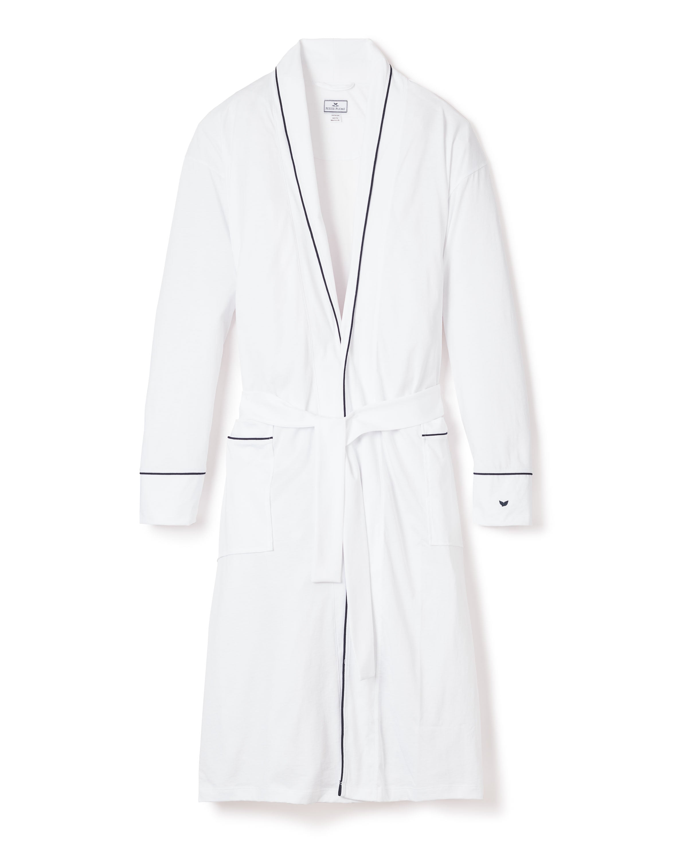 Men's Pima Robe in Navy in White with Navy Piping#Color_White with Navy Piping