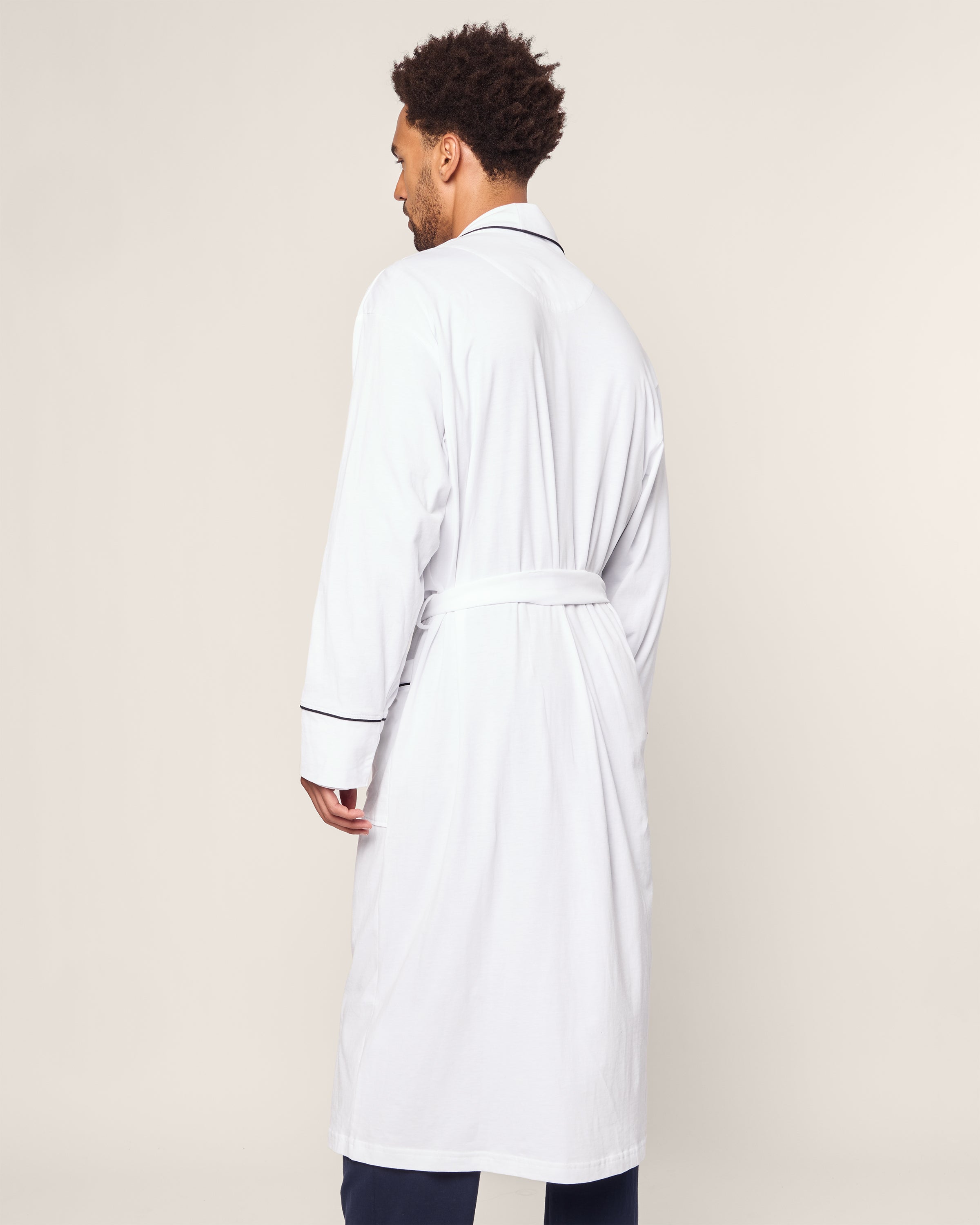 Men's Pima Robe in Navy in White with Navy Piping#Color_White with Navy Piping