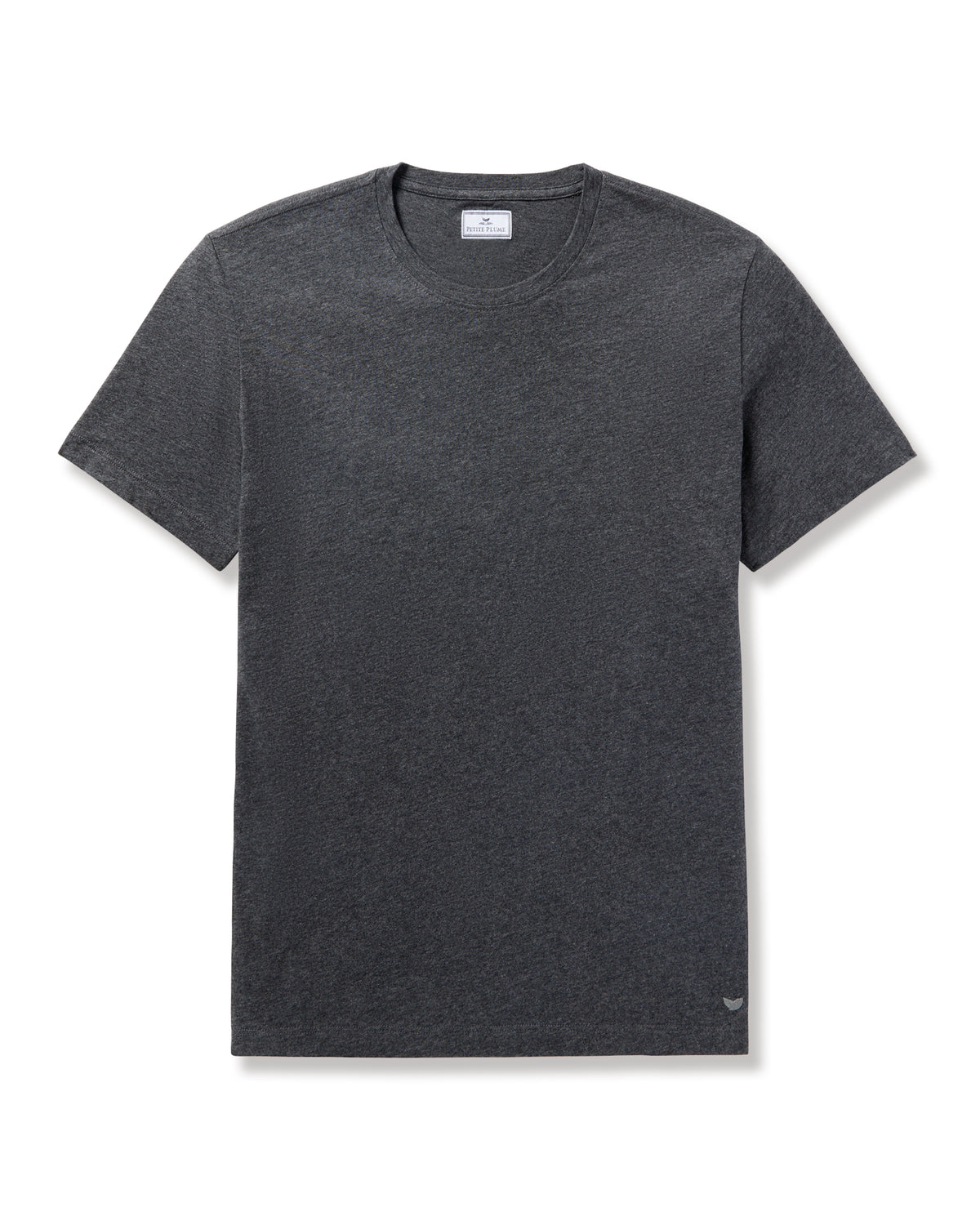 A Mens Pima Crew Neck Short Sleeve Top in Dark Grey by Petite Plume is showcased on a white backdrop. Made from Peruvian Pima cotton, it has a round neckline and a small logo at the bottom left. The smooth, slightly textured fabric epitomizes elegance and breathability.