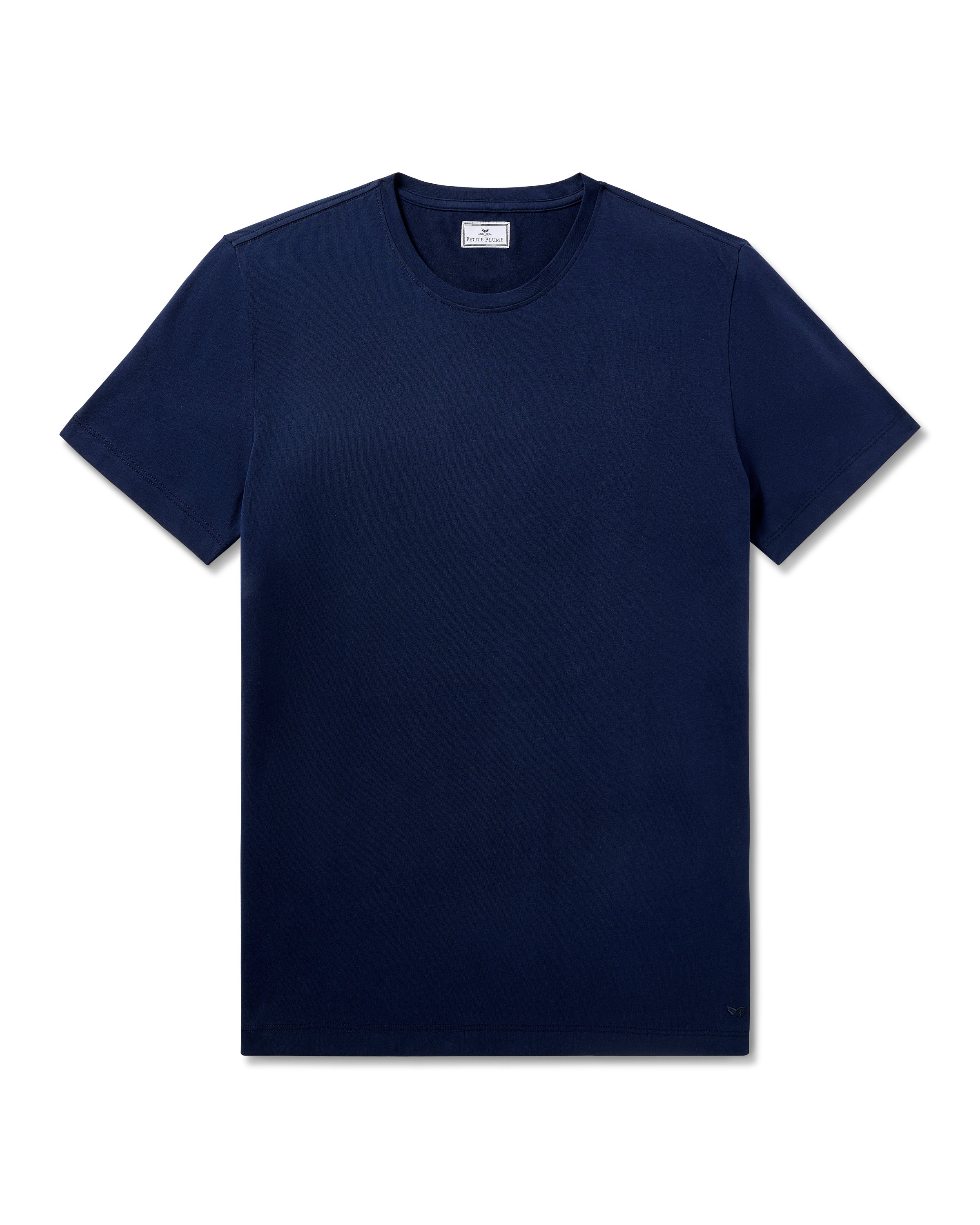 Mens Pima Crew Neck Short Sleeve Top in Navy by Petite Plume, crafted from luxurious Peruvian Pima cotton, displayed on a white background.