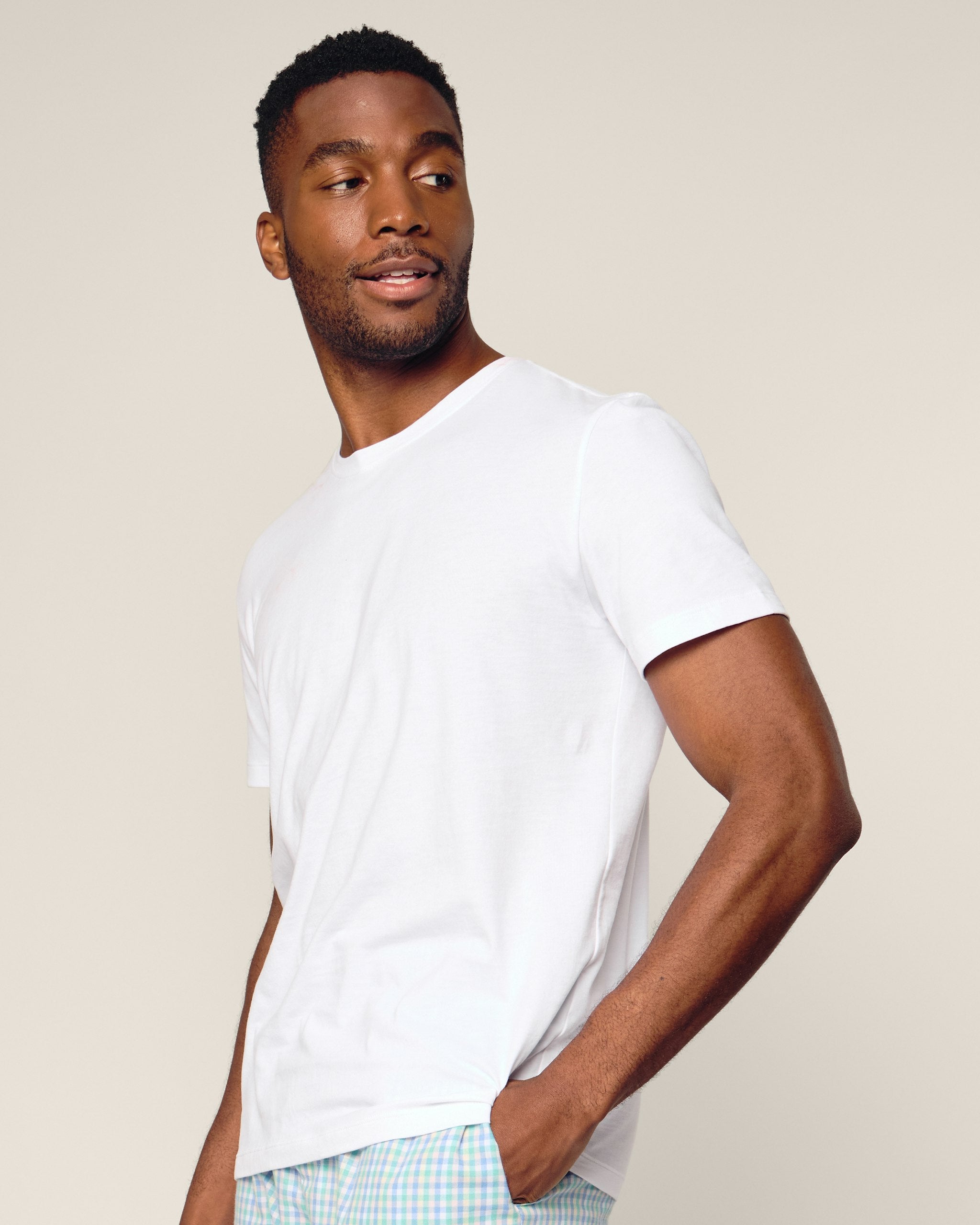 Men's Pima Crew Neck Short Sleeve Top in Navy in White#Color_White