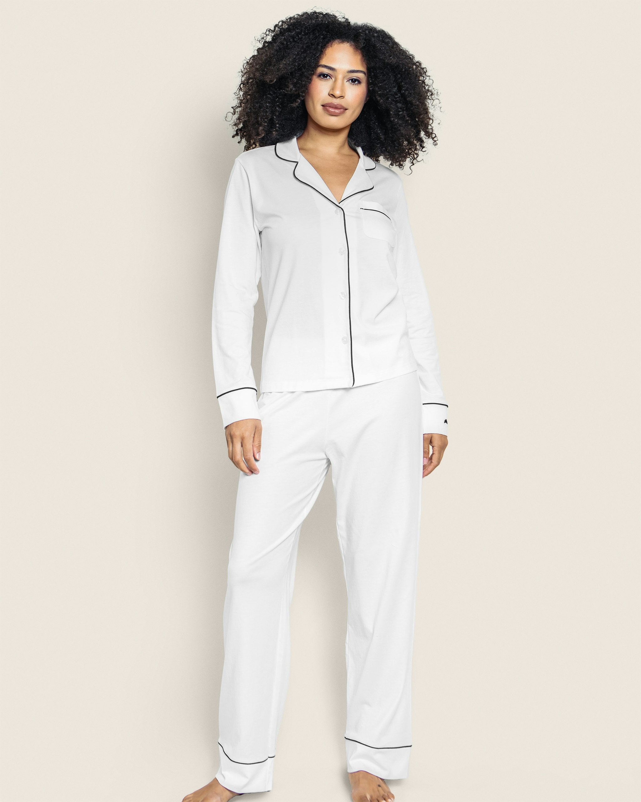 Women's Pima Pajama Set in Navy in White with Black Piping#Color_White with Black Piping