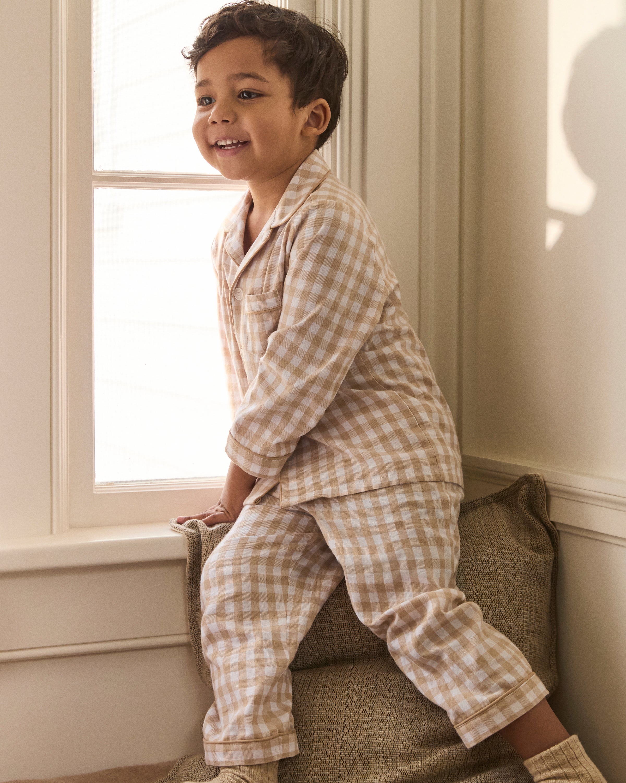 Kid's Twill Pajama Set in Camel Gingham