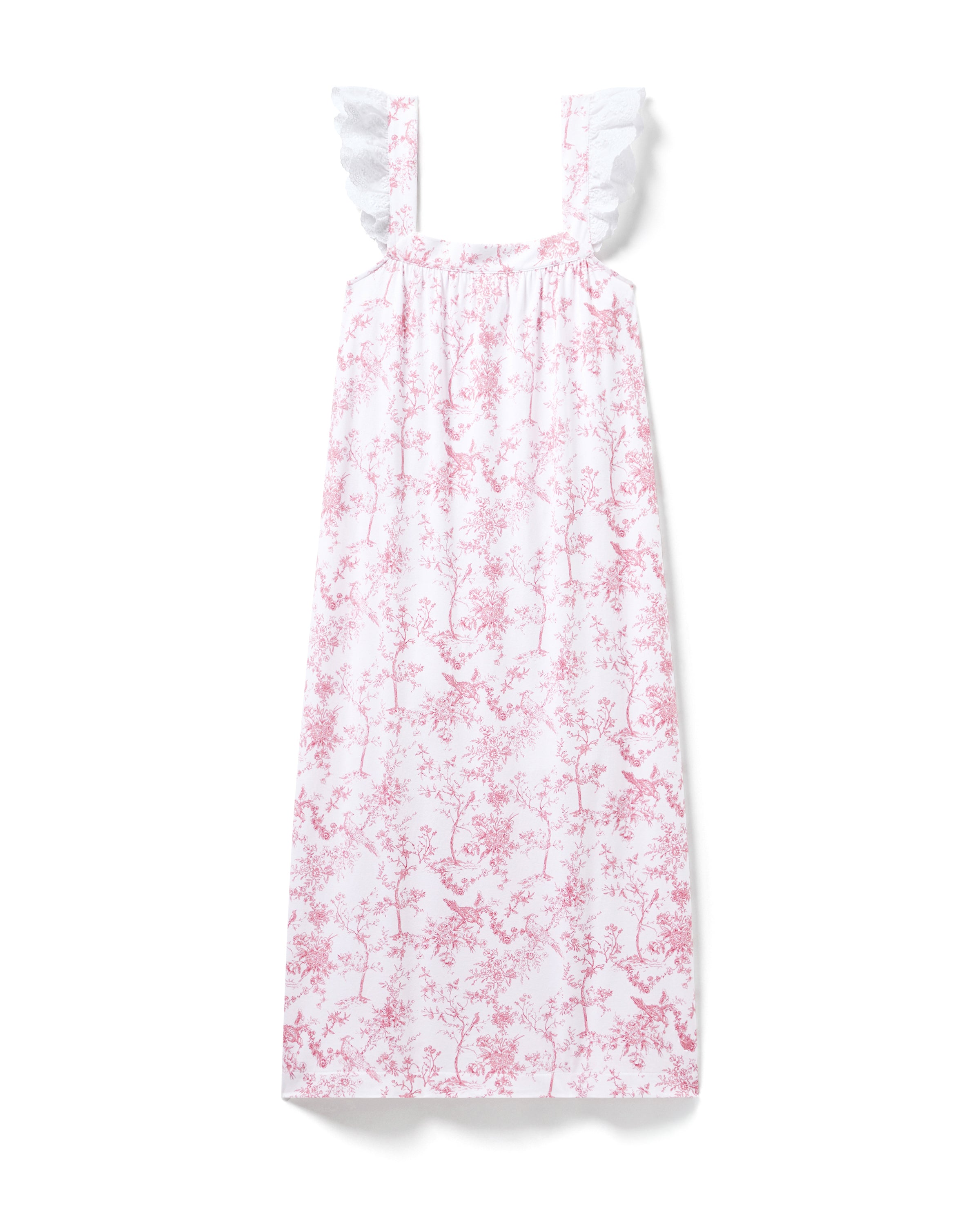 The Womens Pima Clara Nightgown by Petite Plume in Pink Timeless Toile is a white sleeveless dress with ruffled shoulder straps and a pink floral print. Its long, flowing design resembles luxurious jersey knit pajamas, featuring a gathered neckline for elegance.