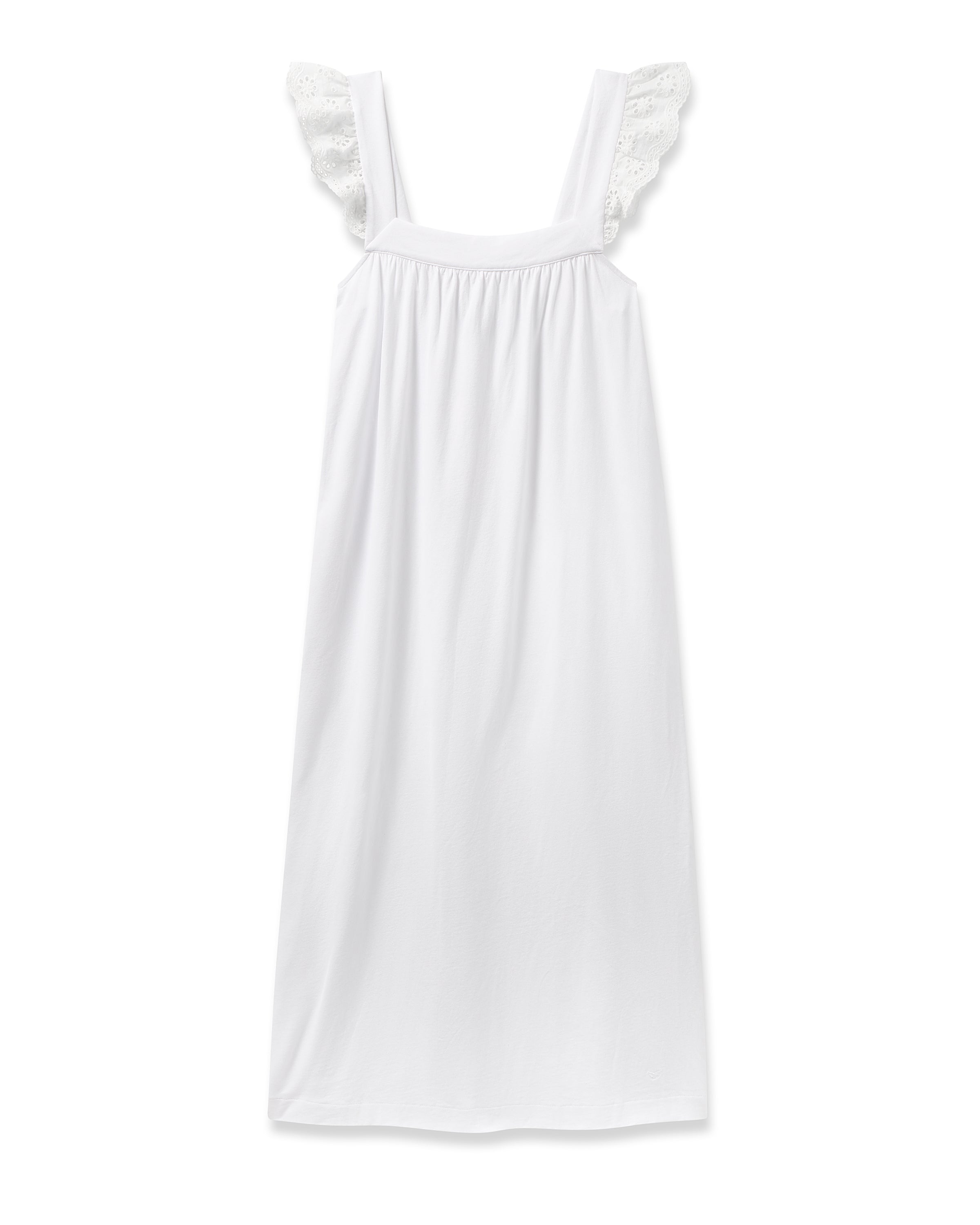 A flowy white sundress, the Womens Pima Clara Nightgown by Petite Plume features sleeveless lace ruffles on the shoulders and is crafted from breathable fabric for an elegant summer look.