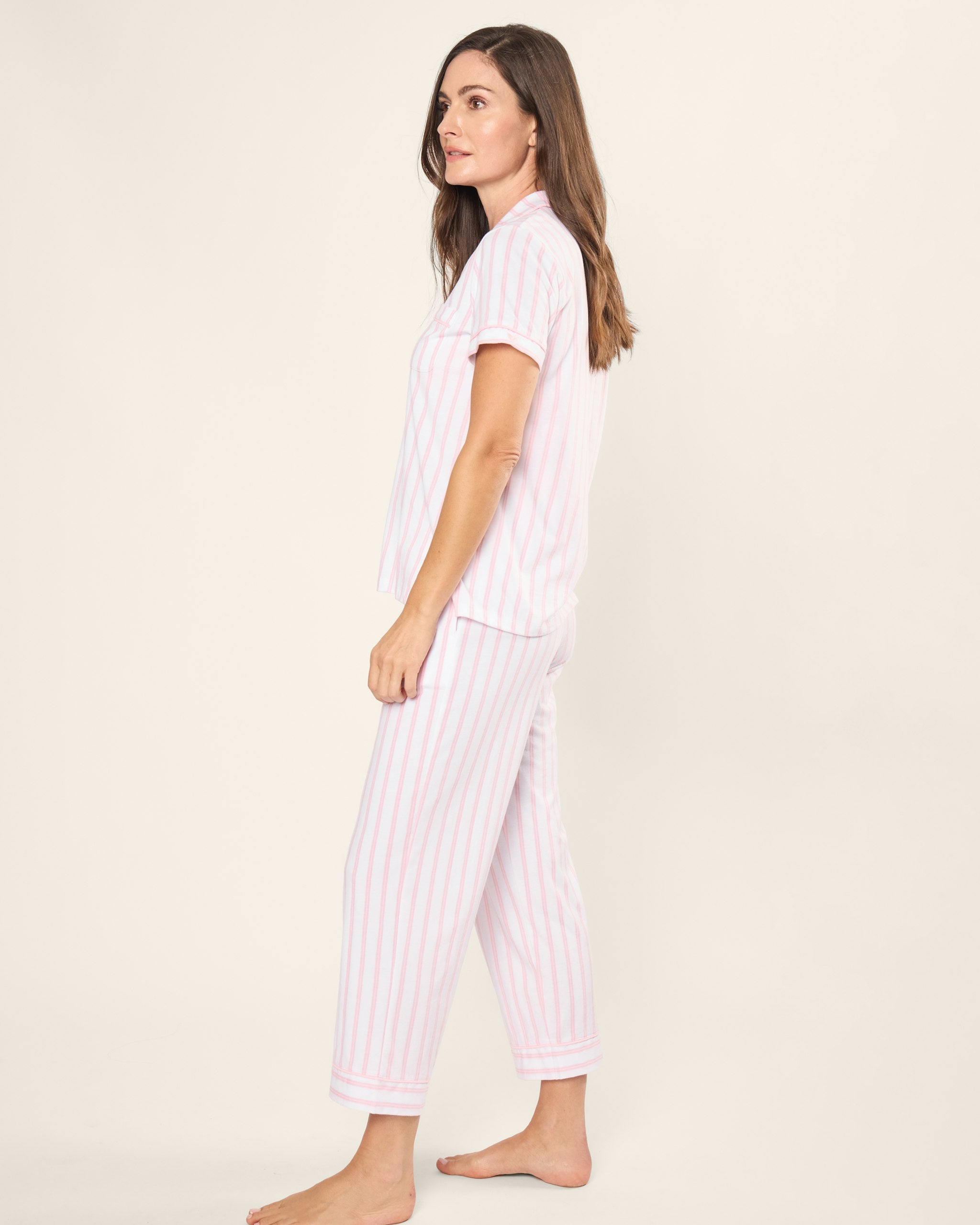 Women's Pima Crop Set in Navy in Pink and White Stripe#Color_Pink and White Stripe