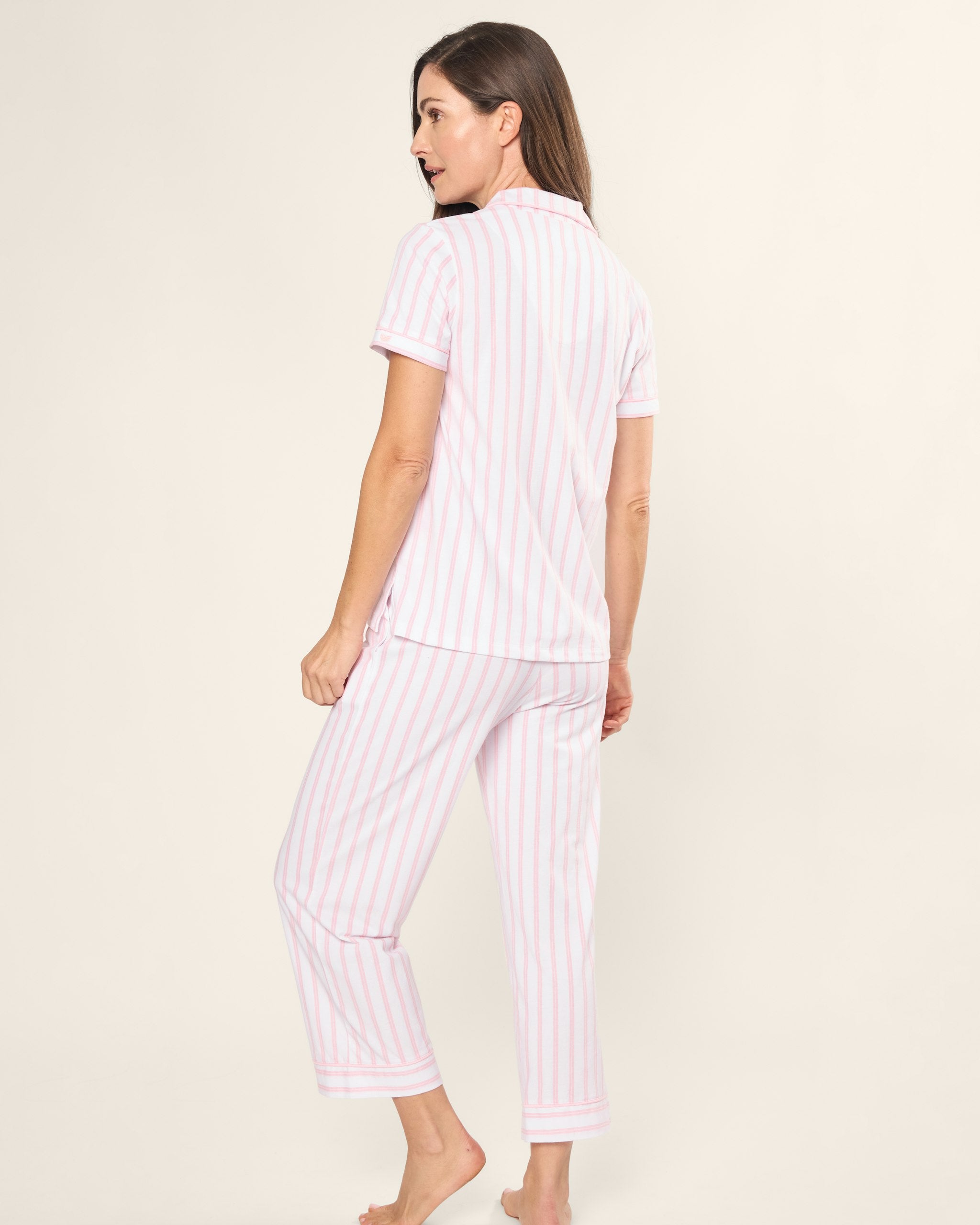 Women's Pima Crop Set in Navy in Pink and White Stripe#Color_Pink and White Stripe