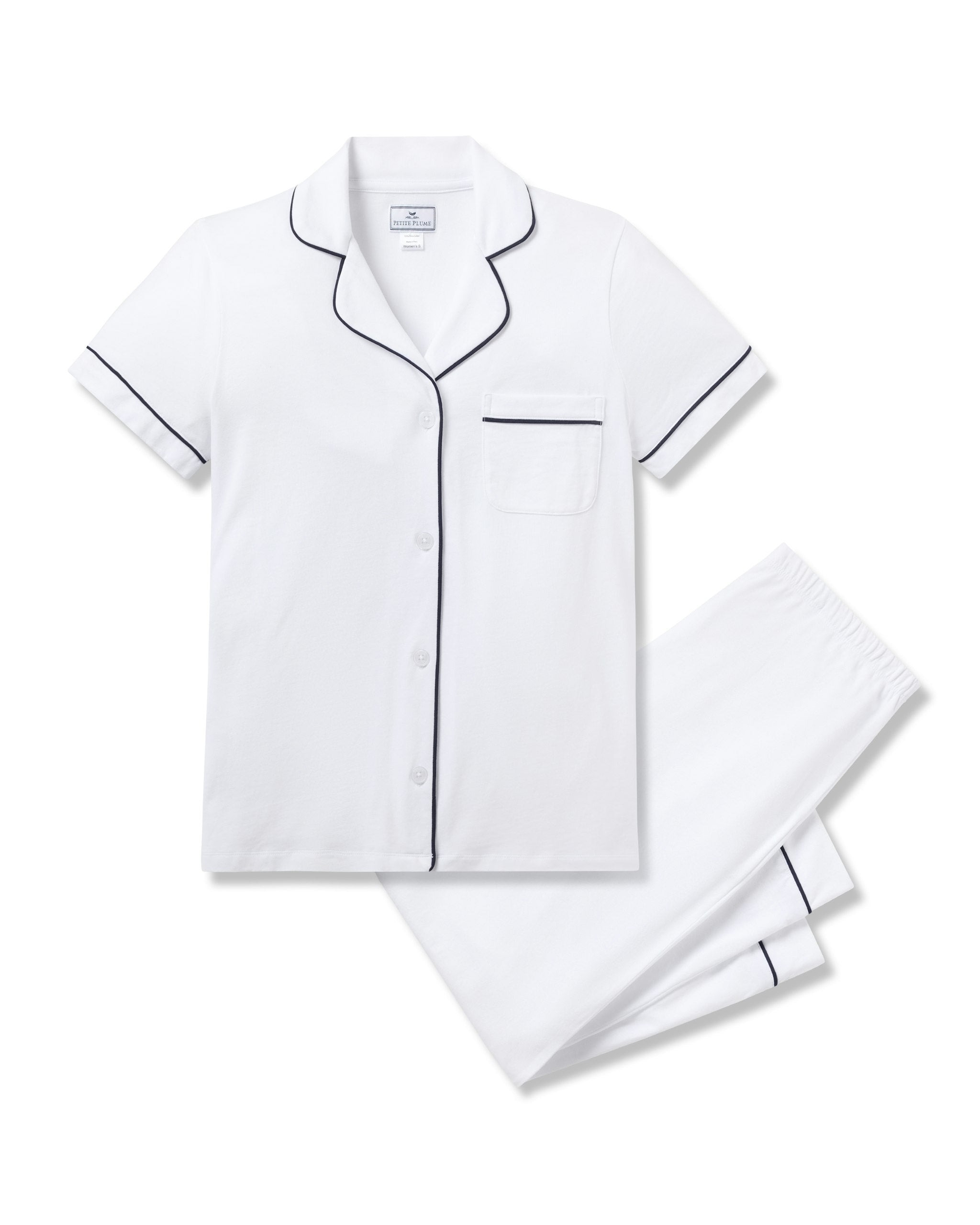 Women's Pima Crop Set in Navy in White with Navy Piping#Color_White with Navy Piping