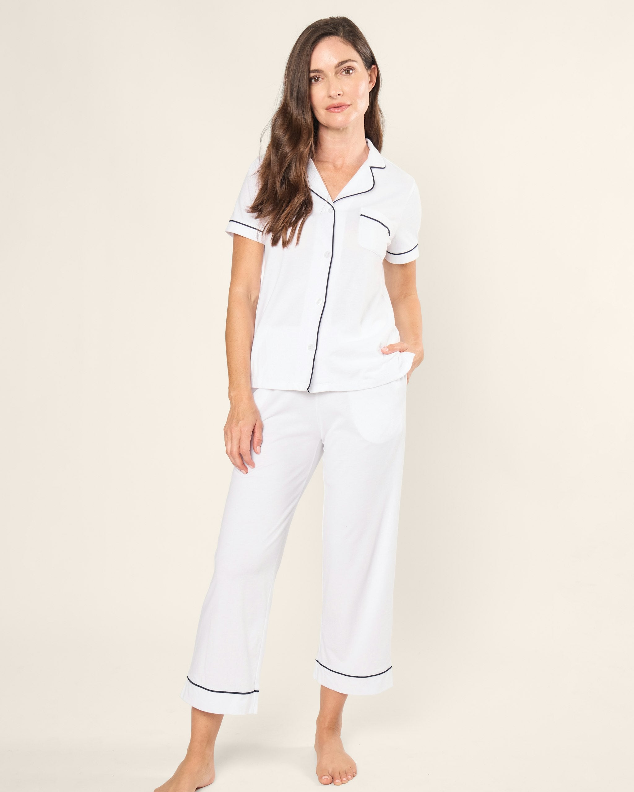 Women's Pima Crop Set in Navy in White with Navy Piping#Color_White with Navy Piping