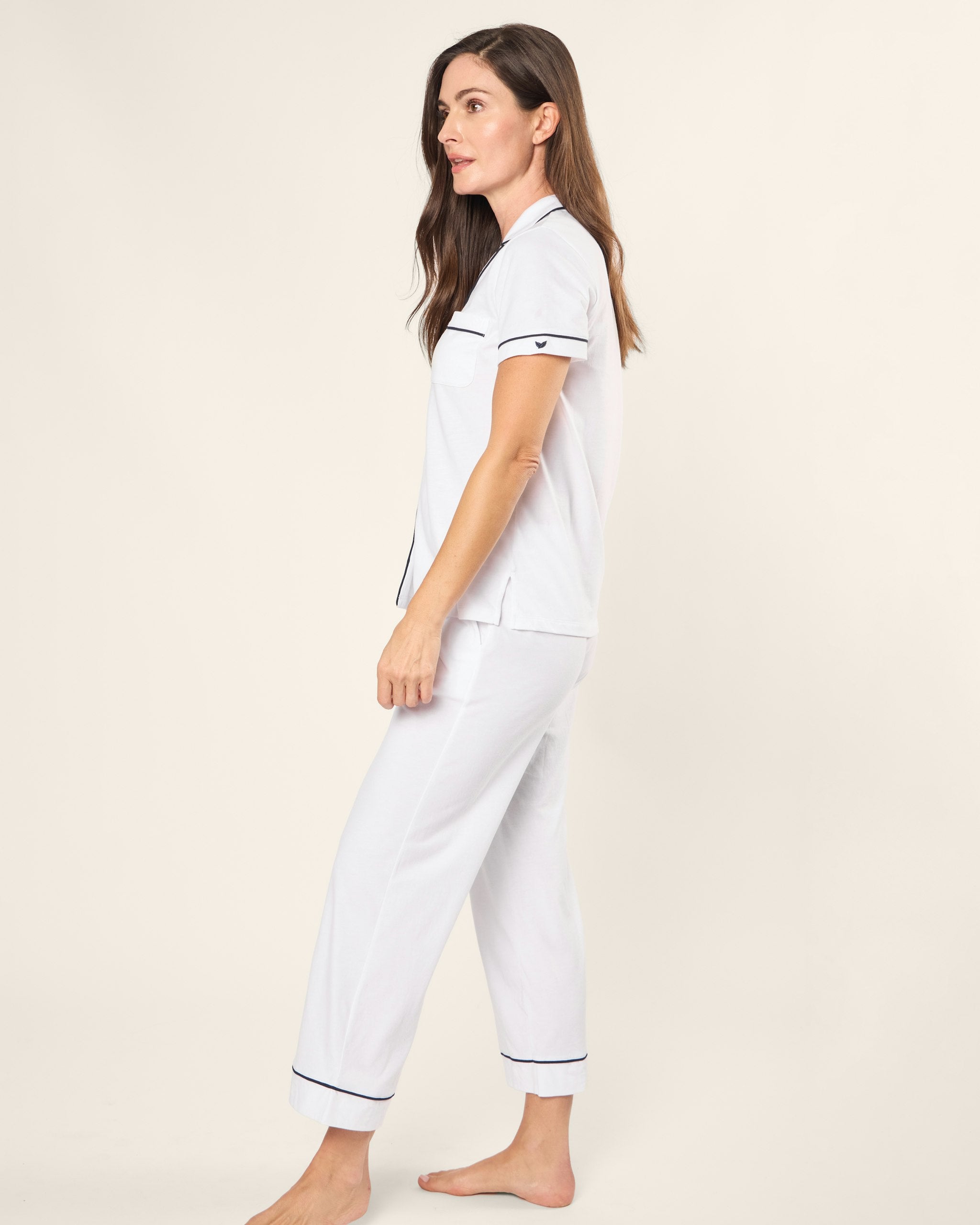 Women's Pima Crop Set in Navy in White with Navy Piping#Color_White with Navy Piping