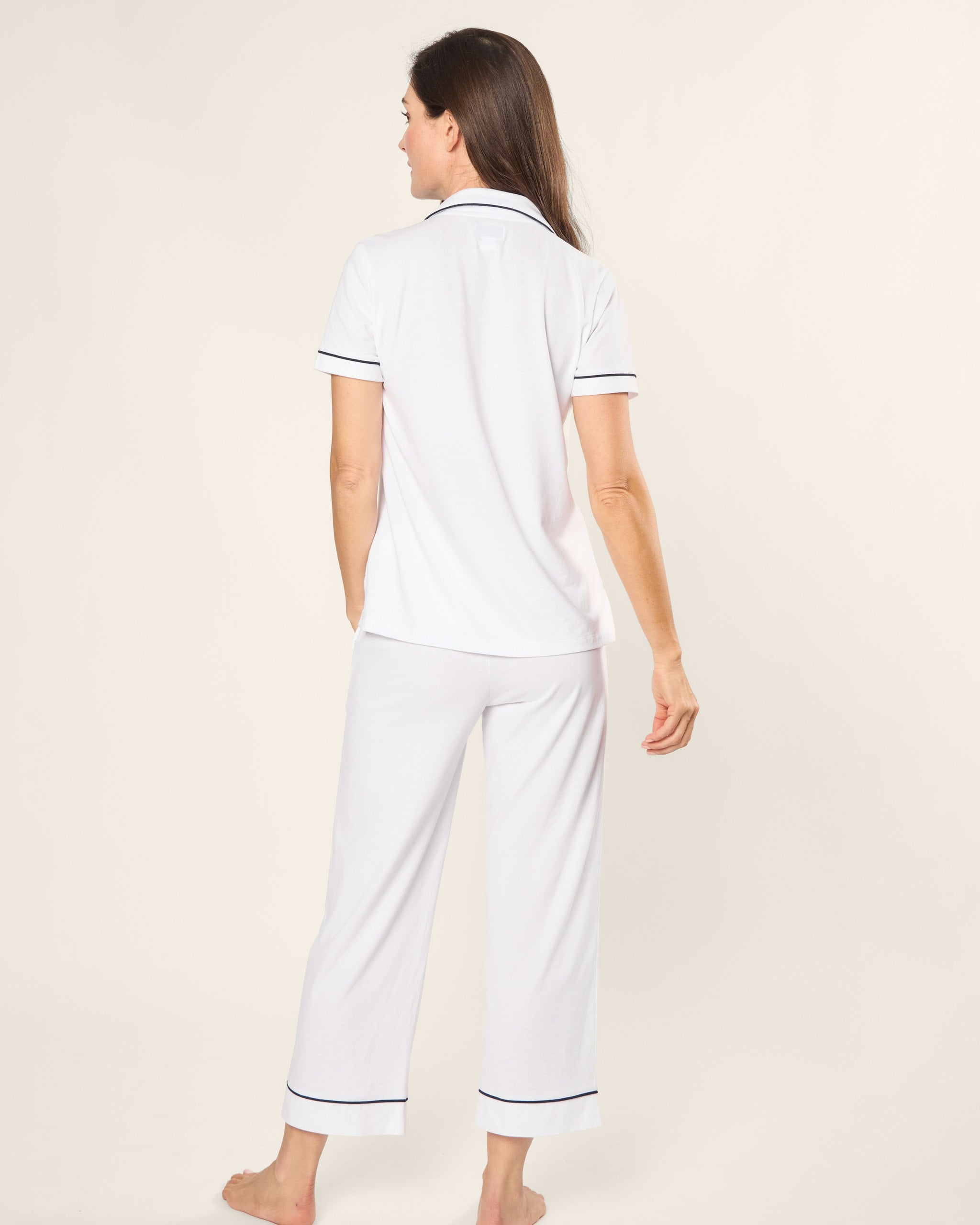 Women's Pima Crop Set in Navy in White with Navy Piping#Color_White with Navy Piping