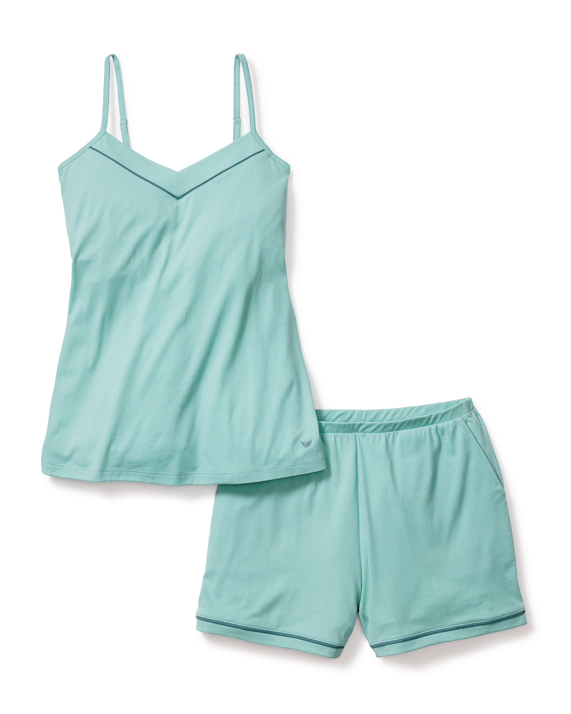 Petite Plumes Womens Pima Sylvie Cami Short Set in Seaglass features a sleeveless V-neck camisole with a built-in shelf bra and thin straps, paired with matching shorts that have an elastic waistband for comfort. Perfect for cozy evenings.
