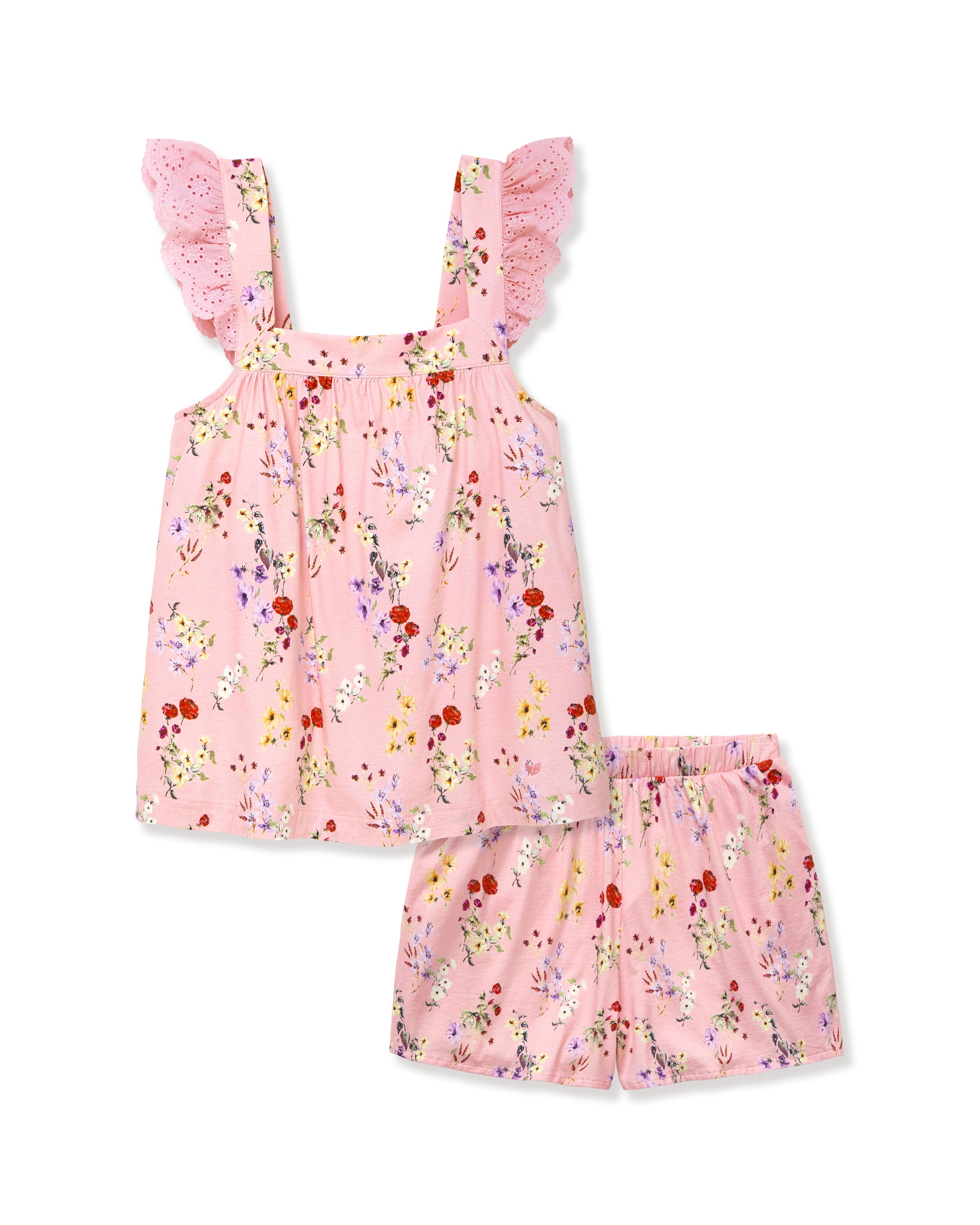 The Women's Pima Clara Short Set in Brilliant Botanical Blush features a matching pink pajama set with a sleeveless top, ruffled straps, and shorts, both adorned with a colorful botanical print.
