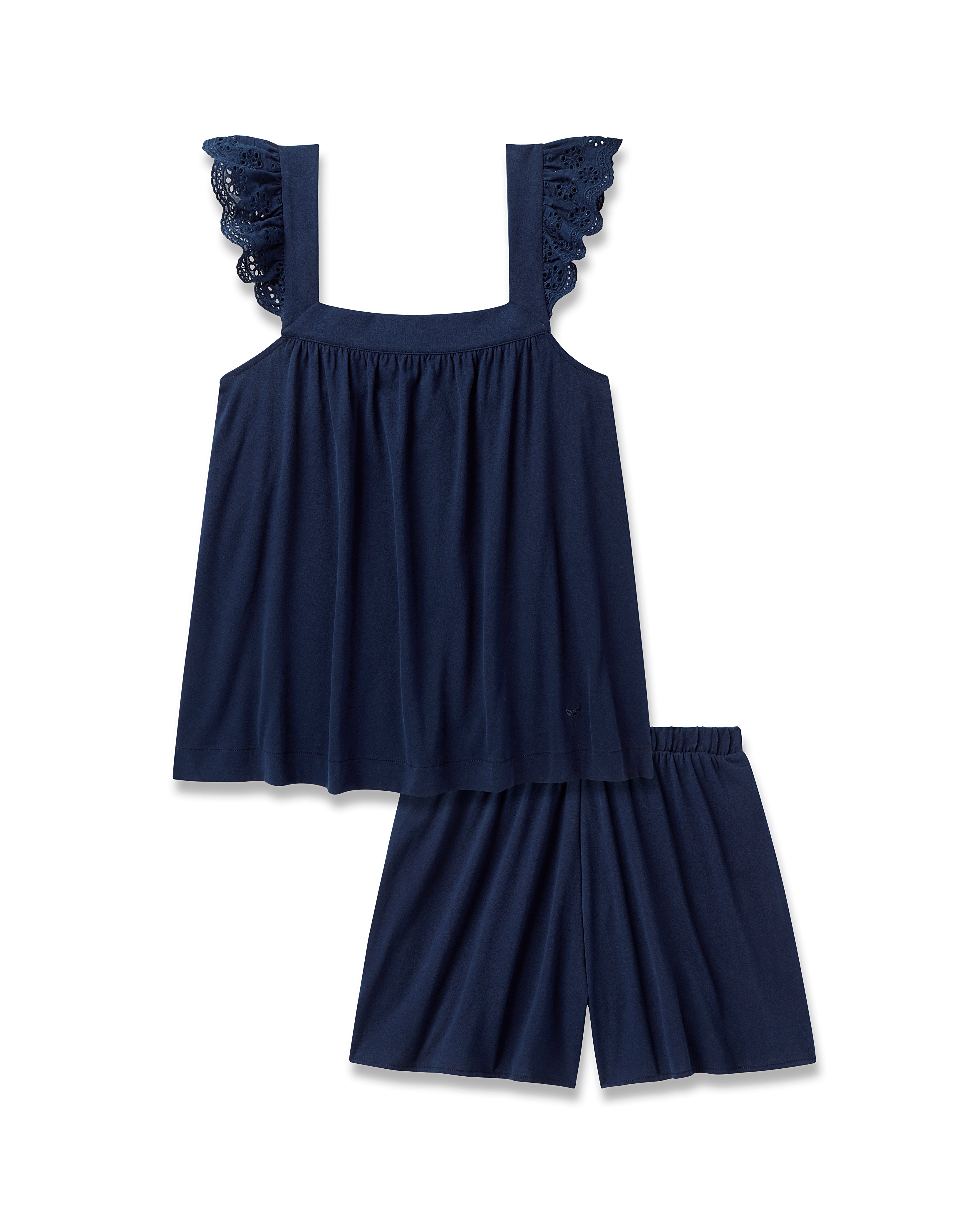 Embrace a luxurious bedtime with Petite Plumes Womens Pima Clara Short Set in Navy. This soft Pima cotton ensemble features a navy blue sleeveless top with delicate lace strap details and elegant gathered fabric beneath a square neckline, paired perfectly with matching shorts.
